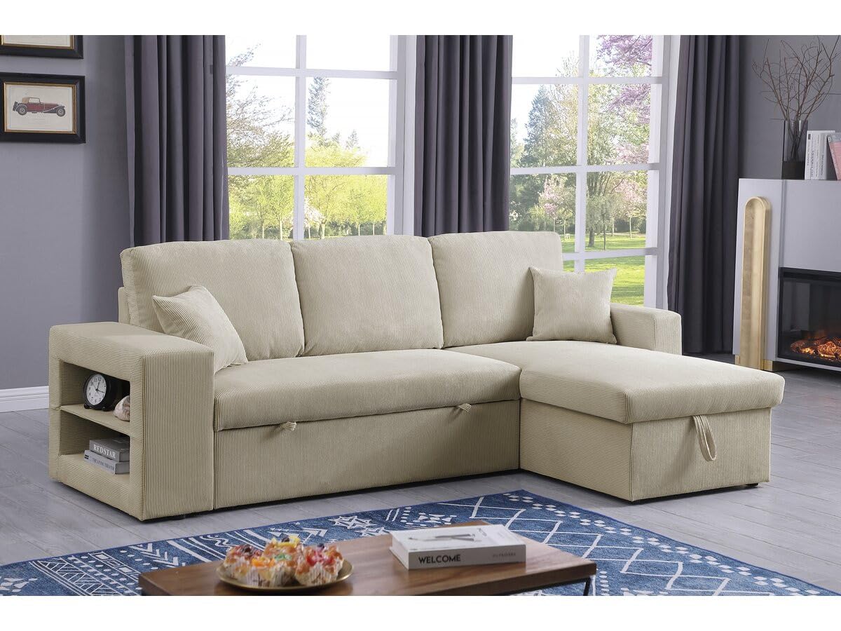 Habitat et Jardin Canapé d'angle en Velours côtelé Convertible/réversible Axel - 3 Places - Beige