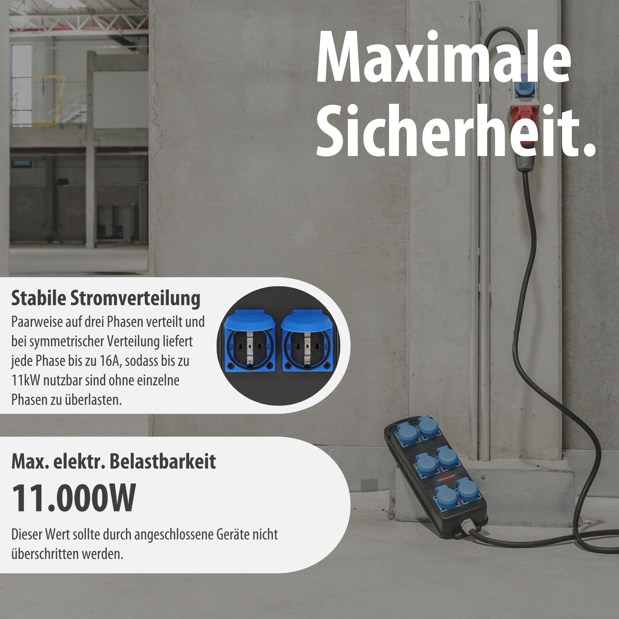 Brennenstuhl Portabler Stromverteiler BSV P (2m Kabel, 6X 230V/16A Steckdosen, CEE 400V/16A Stecker, Baustelleneinsatz und ständigen Einsatz im Freien IP44, Made in Germany)