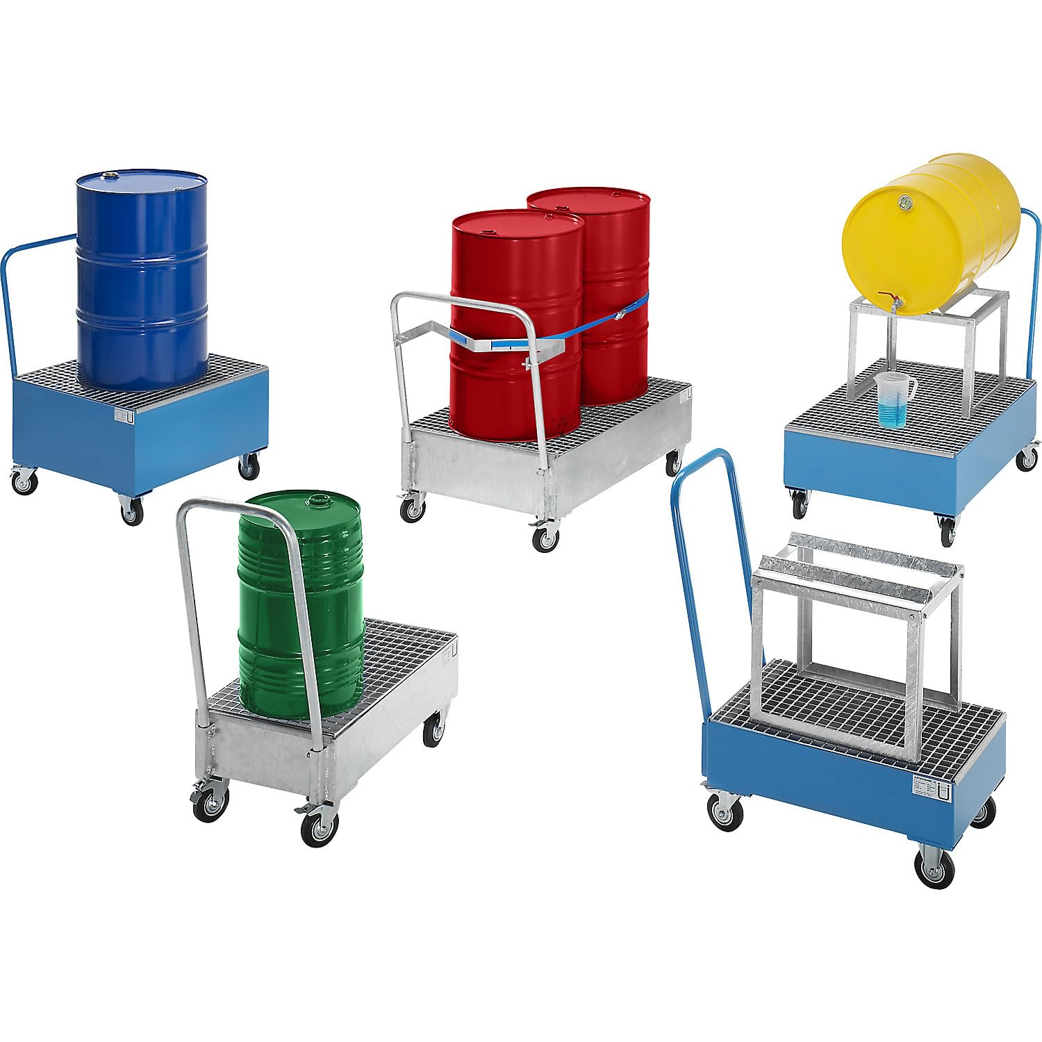 eurokraft | Fahrbare Auffangwanne aus Stahlblech | LxB 800 x 500 mm | 2 x 60-l-Fass stehend | Blau RAL 5012