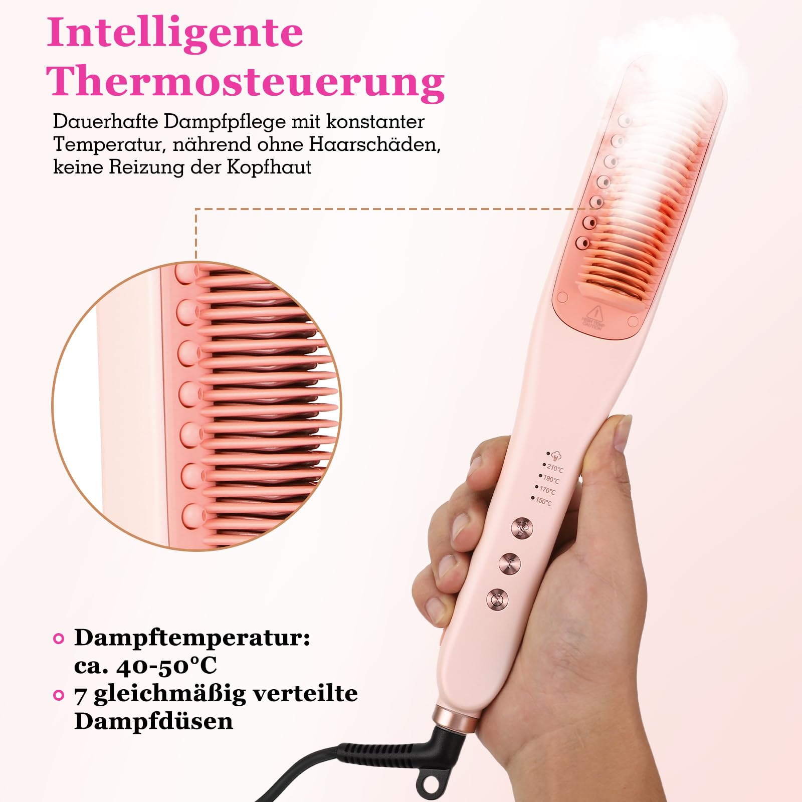 Dampf-Glättbürste mit Dampf Pflege, 30s Aufheizen, 30min Auto-Aus (Rosa) | Tiefe Dampfpflege, 4 Temp. (150°C–210°C), inkl. Aufbewahrungstasche, hitzebeständigen Handschuhen und Reinigungsbürste
