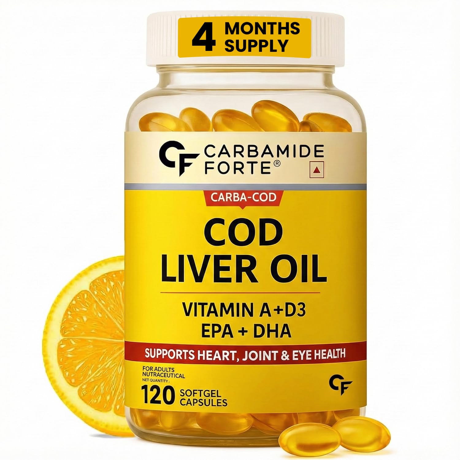 Carbamide Forte Cod Liver Oil Capsules Omega 3 Supplement | Sea cod Liver Oil, Omega 3 FishOil Capsules 300mg | Omega3 FishOil with EPA & DHA + Vitamin D3 Supplement | No Fishy Burps With Lemon Flavour - 120 Softgels