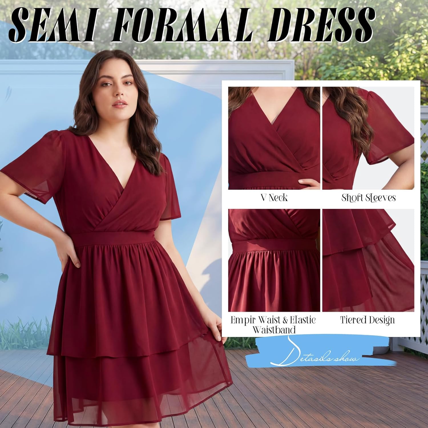 Plus Size Women Wedding Guest Dresses V Neck Tiered Chiffon Short Sleeves Empire Waist Semi Formal Cocktail Dress - Image 4