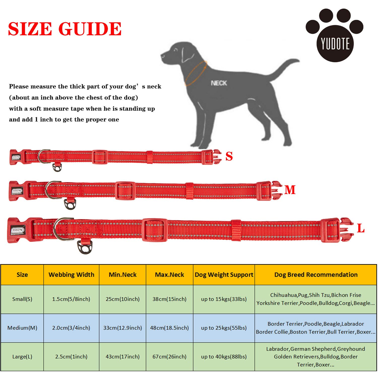 YUDOTE Collare per cani Piccolo e resistente tessuto in nylon riflettente con fodera imbottita in neoprene morbido e confortevole per cani di piccola taglia Uso quotidiano,Rosso