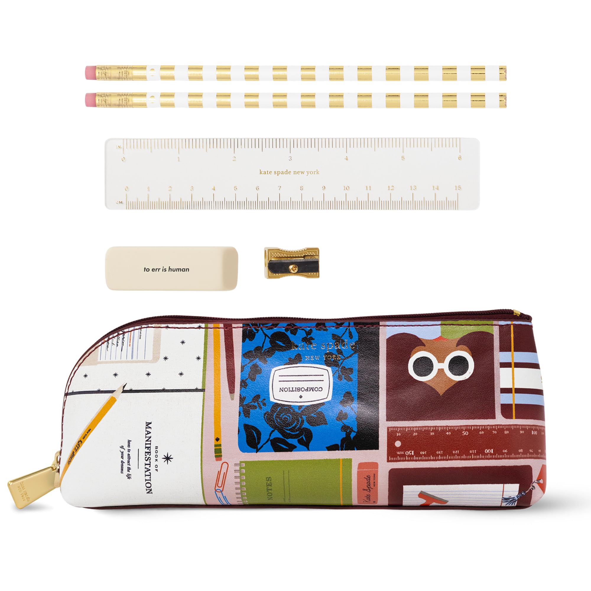 kate spade new york Pen and Pencil Case with Office Supplies, Zip Pouch Includes Pencil Sharpener, Eraser, Ruler, and 2 Wooden Pencils (Book Club)