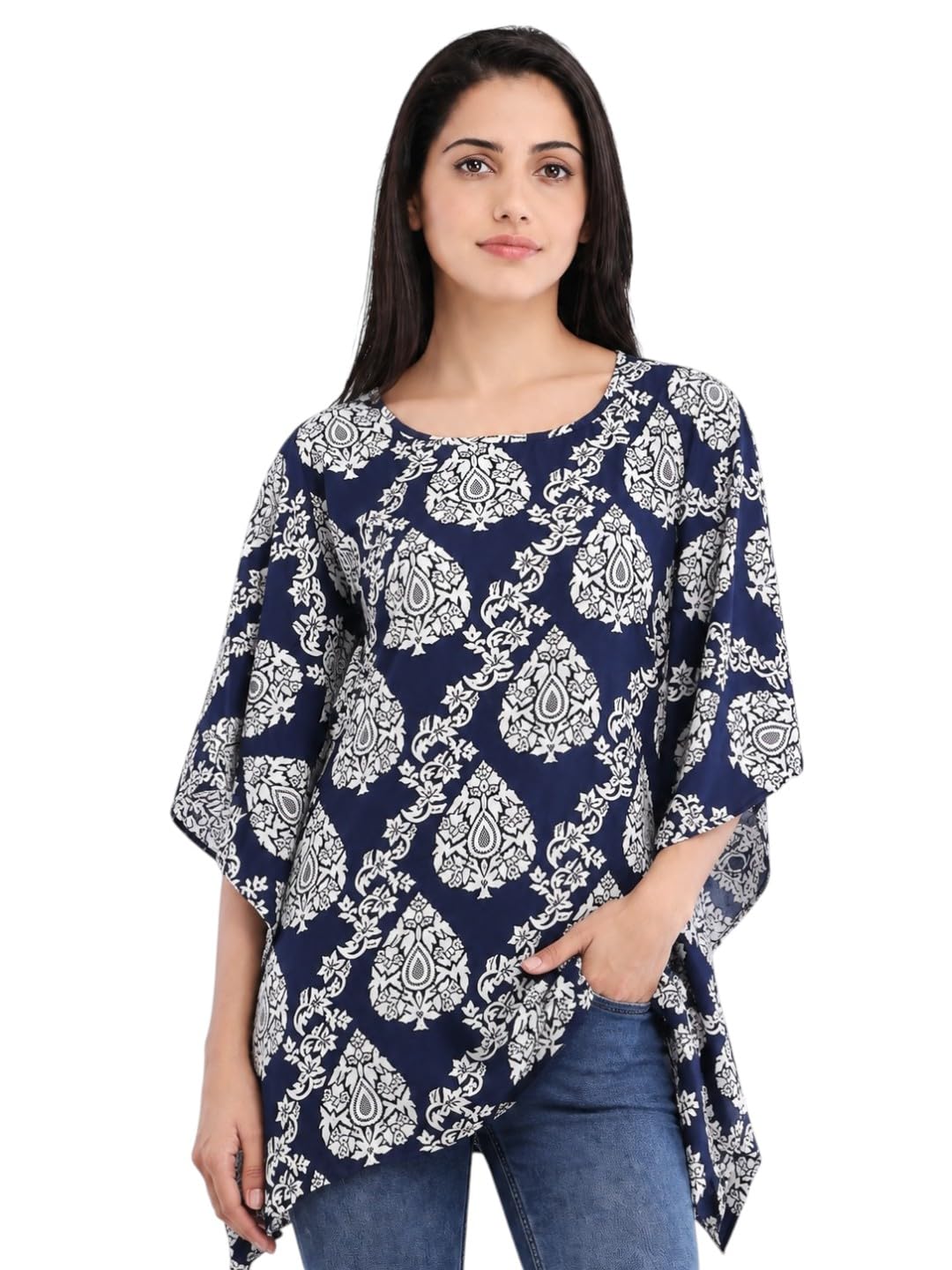 cottinfab Women's Blue & White Floral Printed Kaftan Top-picture-34