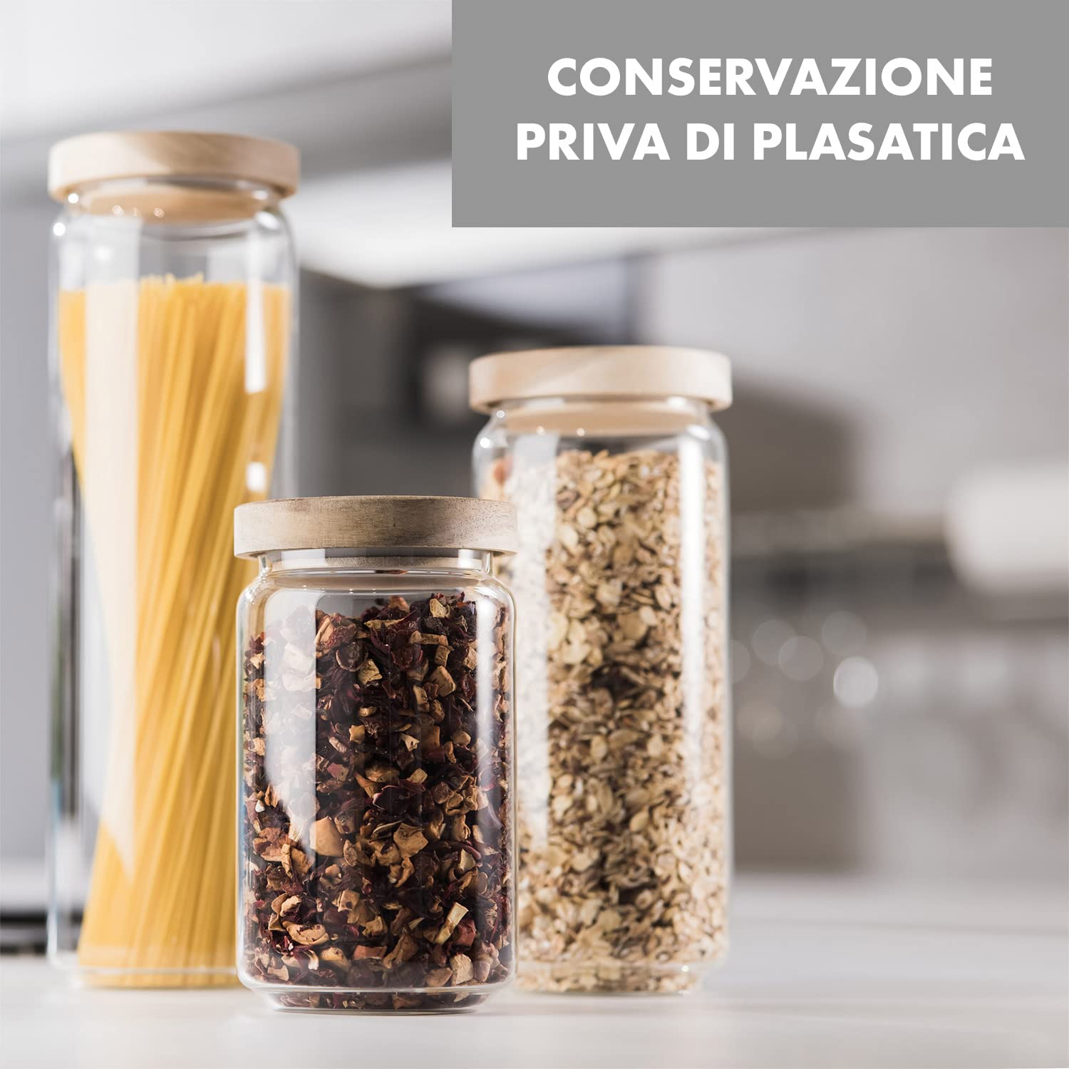 Contenitori Vetro Per Alimenti Con Coperchi A Tenuta Stagna, Alimenti Secchi Stoccaggio Sigillato Organizzazione Cucina Per Cereali, Set Di 3