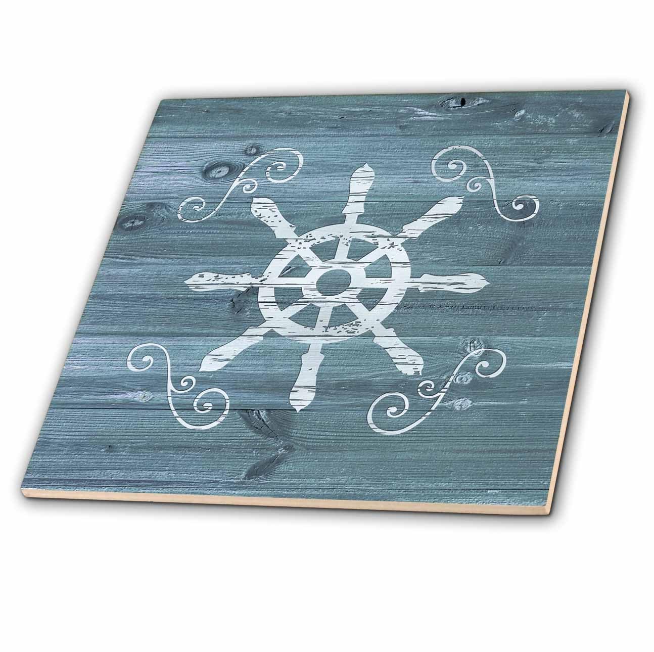 3dRose Ceramic Tile - Ships Wheel with Scrolls in White on Blue Weatherboard- Not Real Wood (ct_261838_1)