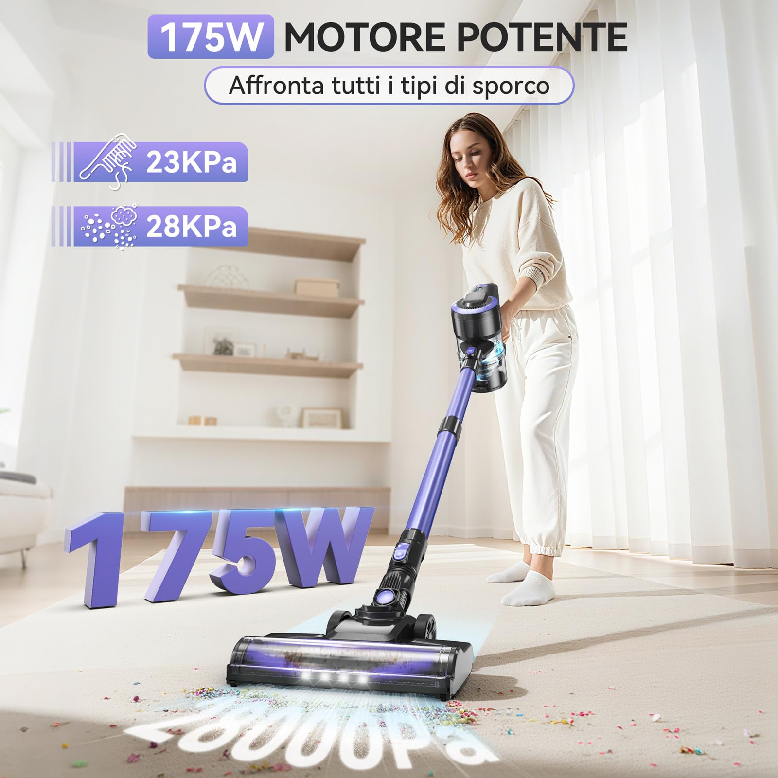 Ziaggnar Aspirapolvere Senza Fili, Scopa Elettrica Senza Fili ultraleggero 6 in 1, 55 minuti di autonomia, Anti-Avvolgimento, Aspirapolvere potente per Pavimenti/Tappeti/Peli Animali