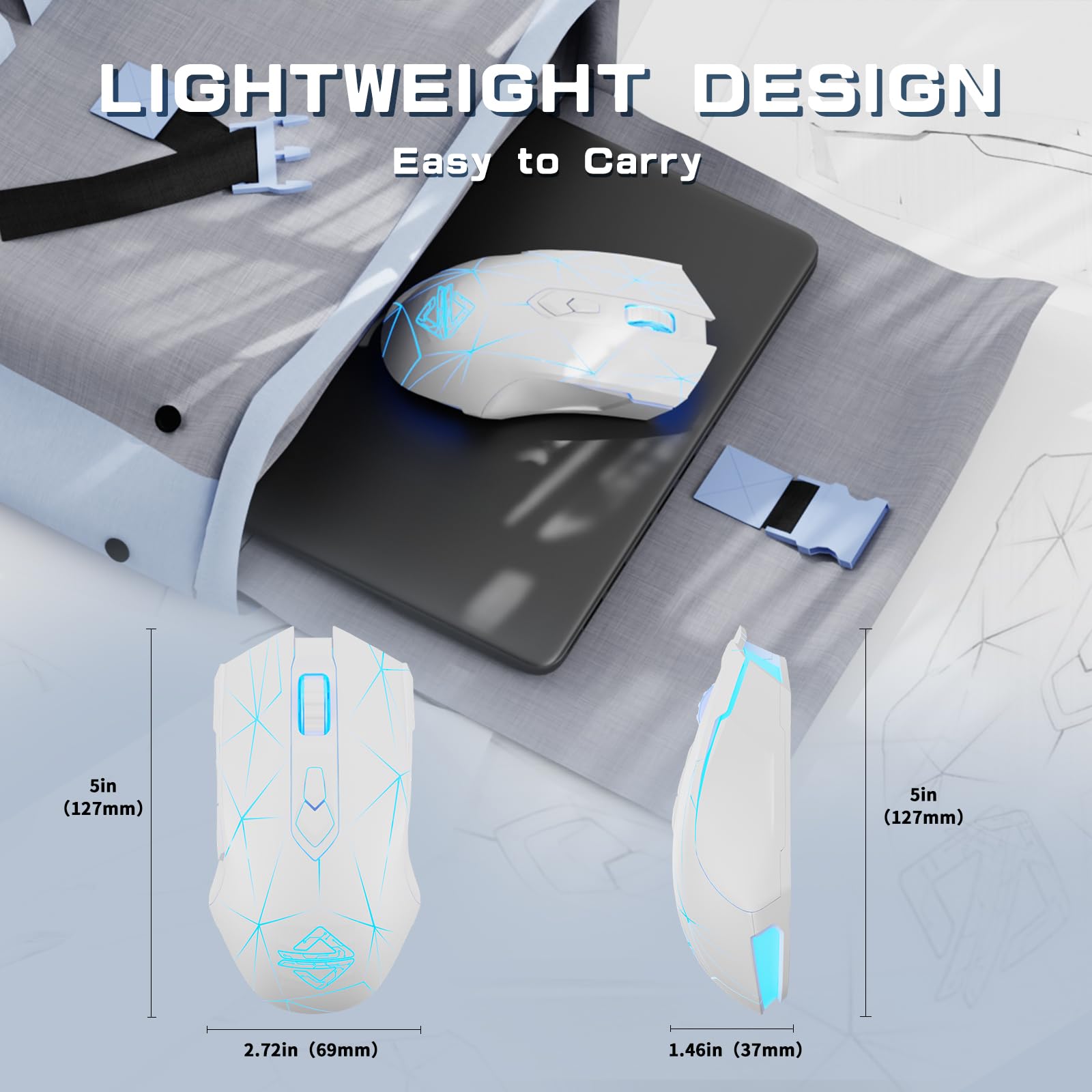 AJ52PRO Bezprzewodowa Mysz do Gier, Lekka Mysz do Gier z Tri-Mode - 2.4G/BT5.0/USB Wired, Do 10 000 DPI, Ergonomiczna PC Gaming Mice z Rainbow LED Backlight i 8 Przyciskami do Win/Mac - Gwiazda Biała
