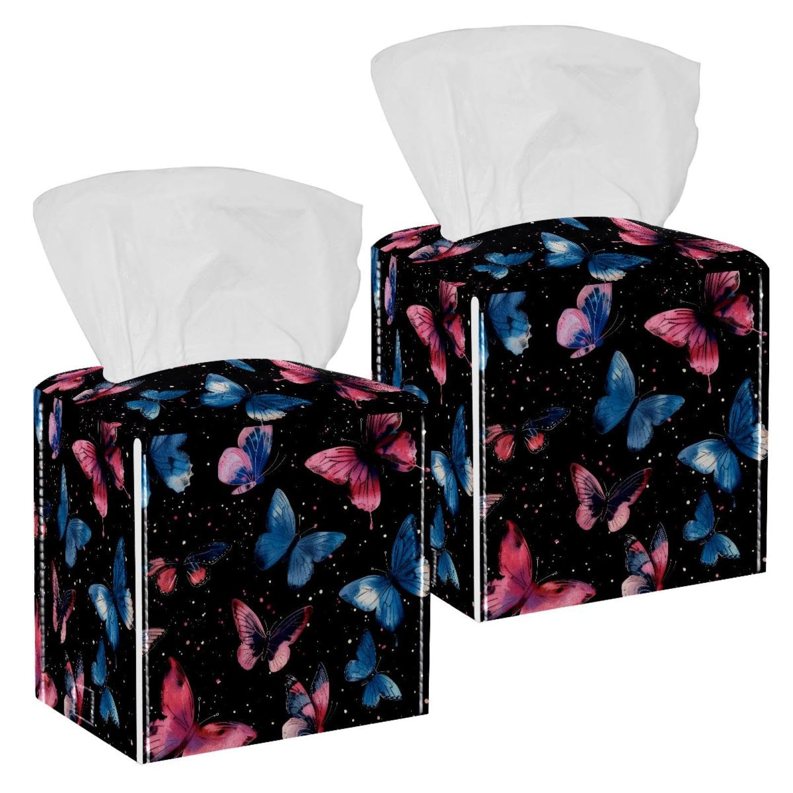 Butterflies Tissue Box Cover, 2 Pack PU Leather Square Facial Tissue Dispenser Box holder for Home Office Car