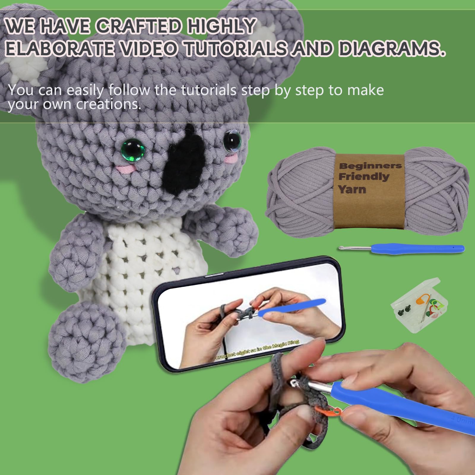 Posurry Kit de ganchillo para principiantes, incluye tutoriales detallados en video e ilustraciones, es un bonito koala