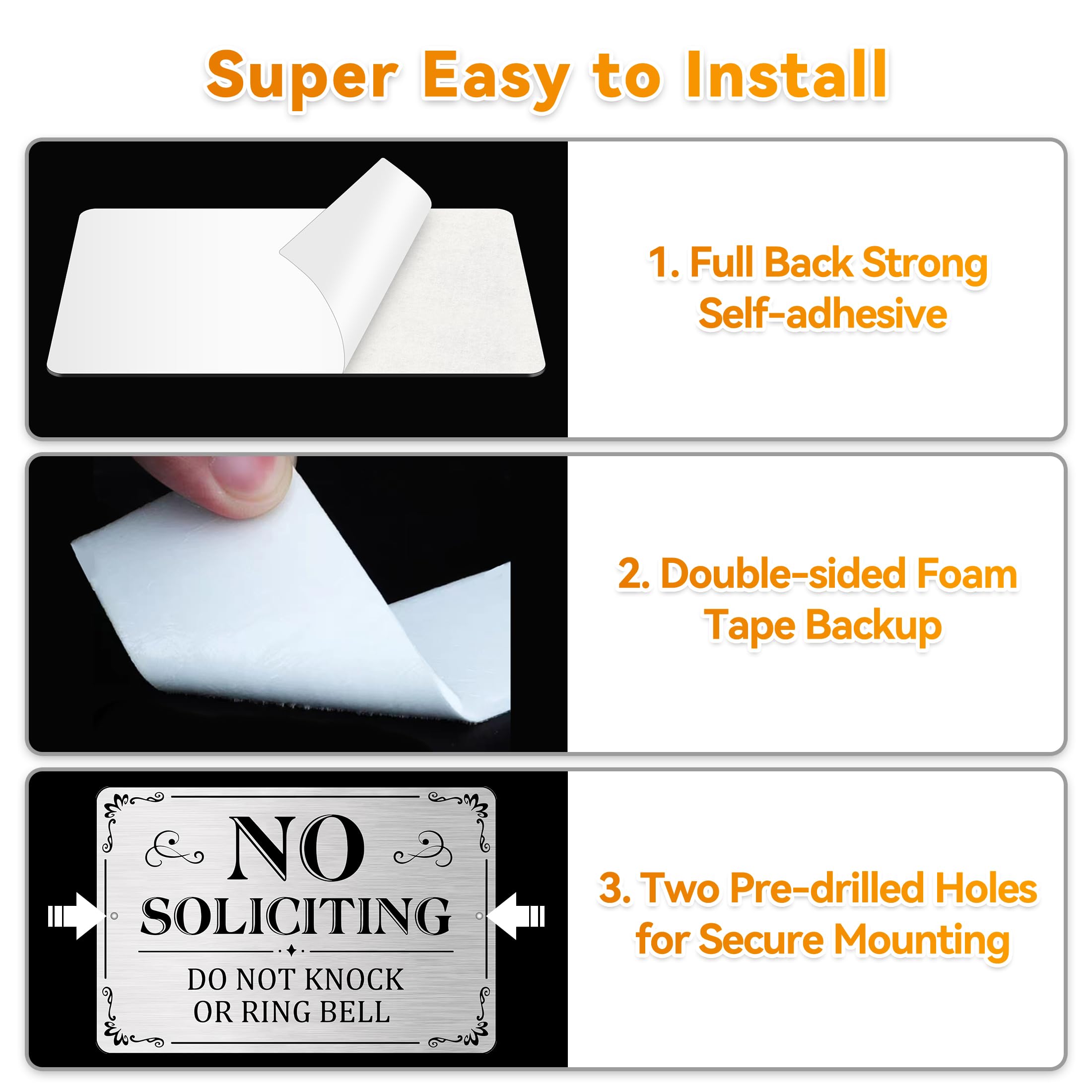 Letrero de no solicitar para puerta delantera, 2 unidades, letrero autoadhesivo de no solicitar para casa, 6 x 4 pulgadas, letreros de metal de aluminio para patio (plateado cepillado/negro, mediano 6