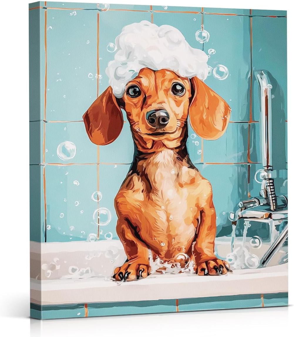 YJIKRTVT Funny Dachshund Bathroom Canvas Wall Art, Dachshund in Tub Wall Decor, Cute Animal Bath Scene Painting Print Artwork for Bathroom Toilet Restroom Home Decor 8x10 Inches