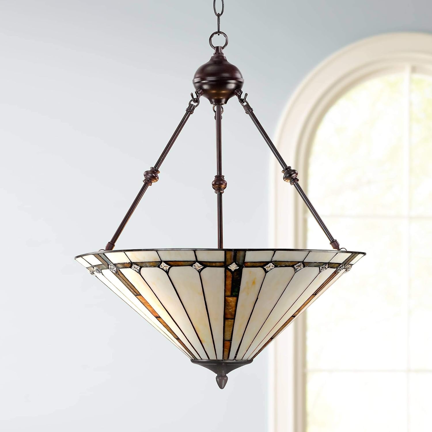 Robert Louis Tiffany Bronze Tiffany Style Pendant Chandelier 20" Wide Gold Texture Ivory Stained Glass 3-Light Fixture for Cottage Core Dining Room House Foyer Entryway Kitchen Bedroom High