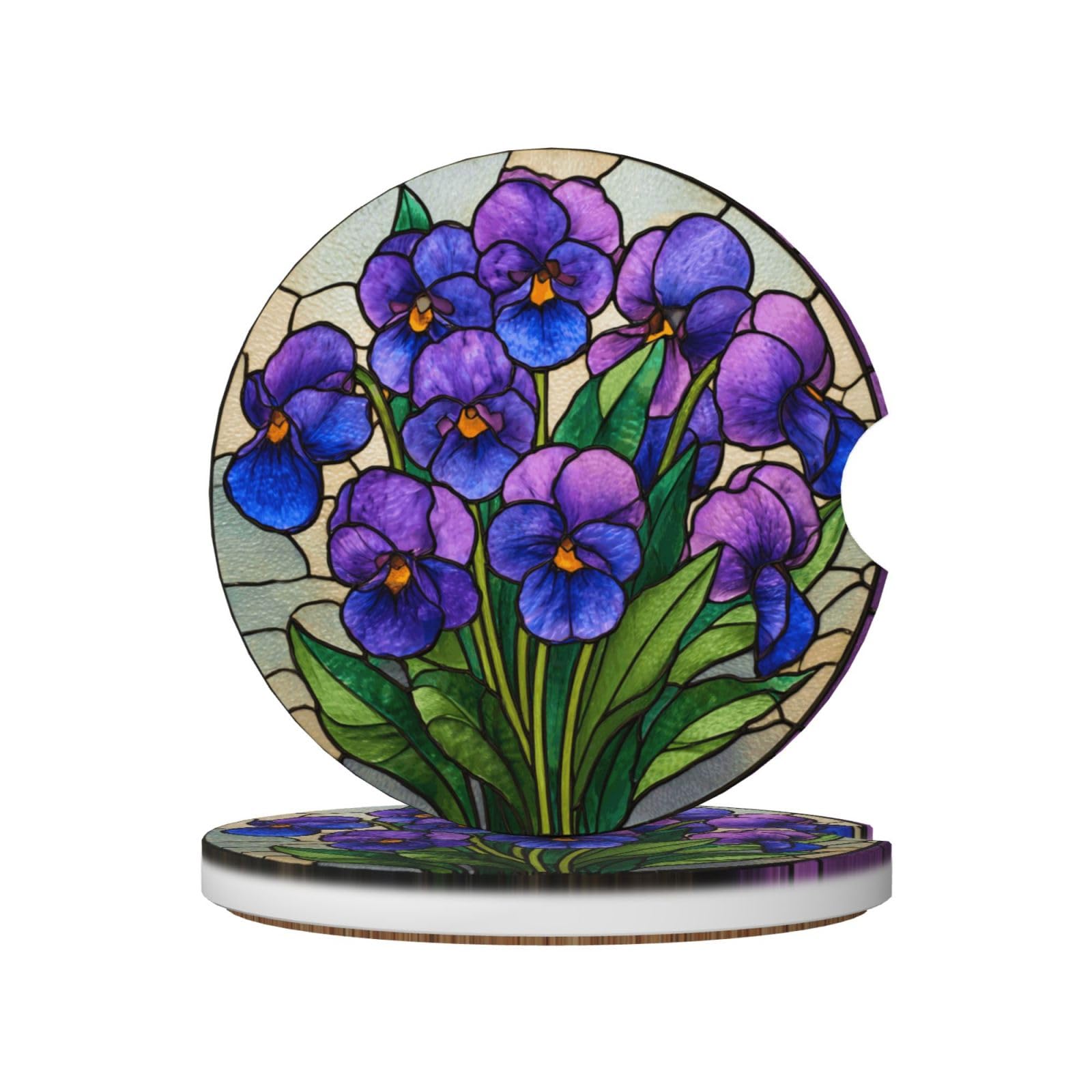 Stained Glass Purple Violet Flowers Green Leaves Ceramic Coasters,2pcs