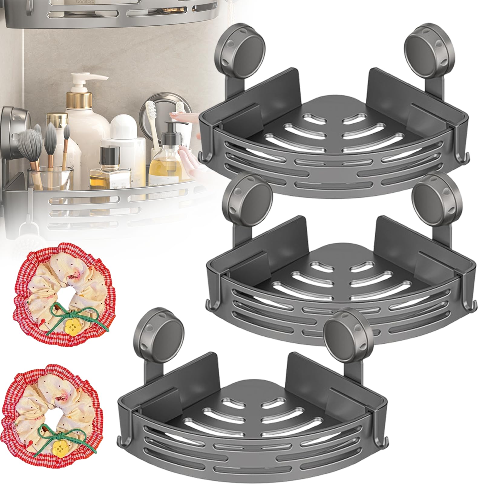 Organizador de ducha triangular mejorado con ventosa, estante esquinero sin taladro, aluminio resistente, fuerte sujeción, almacenamiento extraíble para baño (gris, 3 compartimentos)