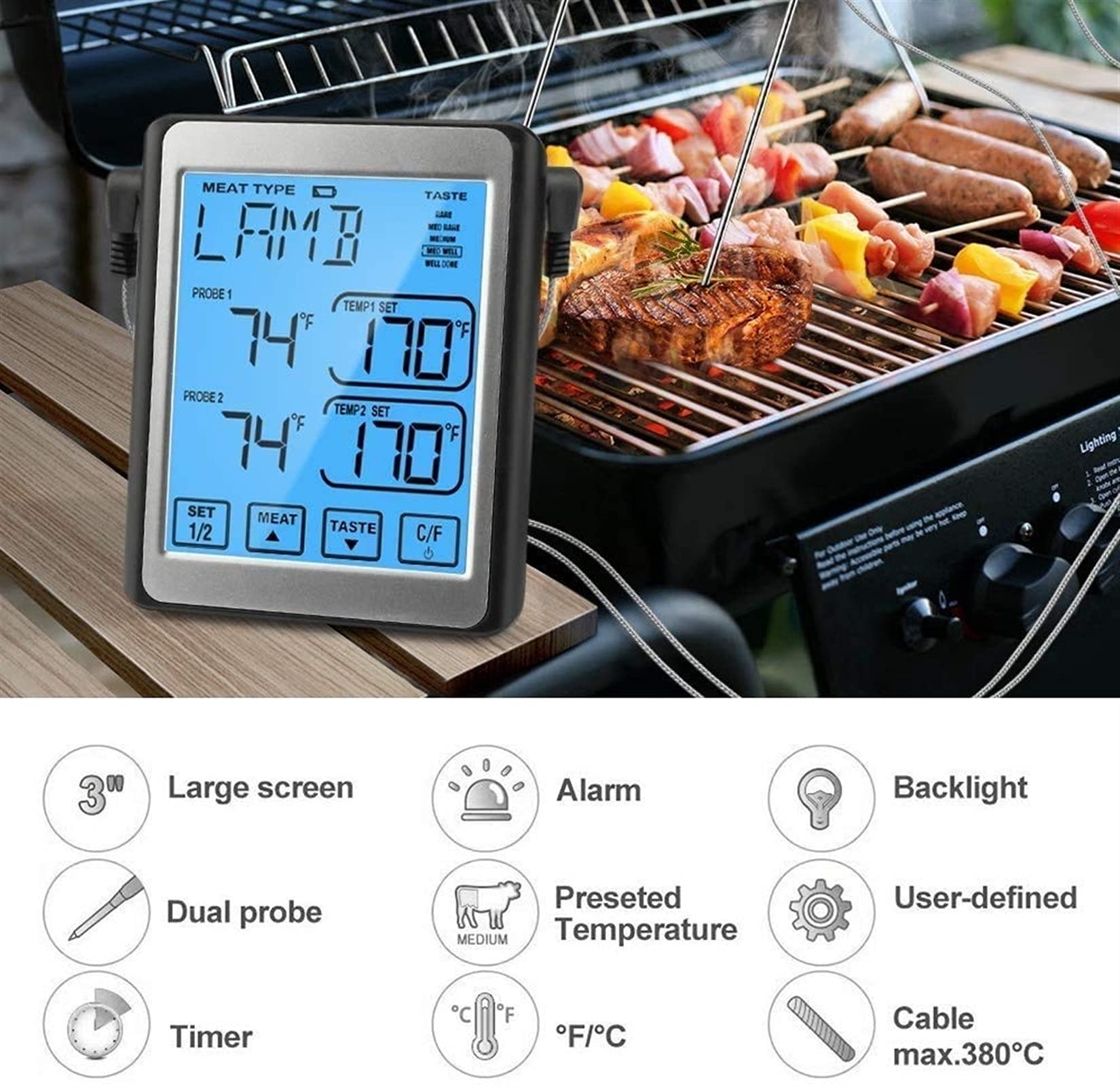 XMING Termómetro de Carne Digital Dual sonda de Cocina Barbacoa Pantalla táctil del termómetro LCD Alarma de Temporizador de retroiluminación