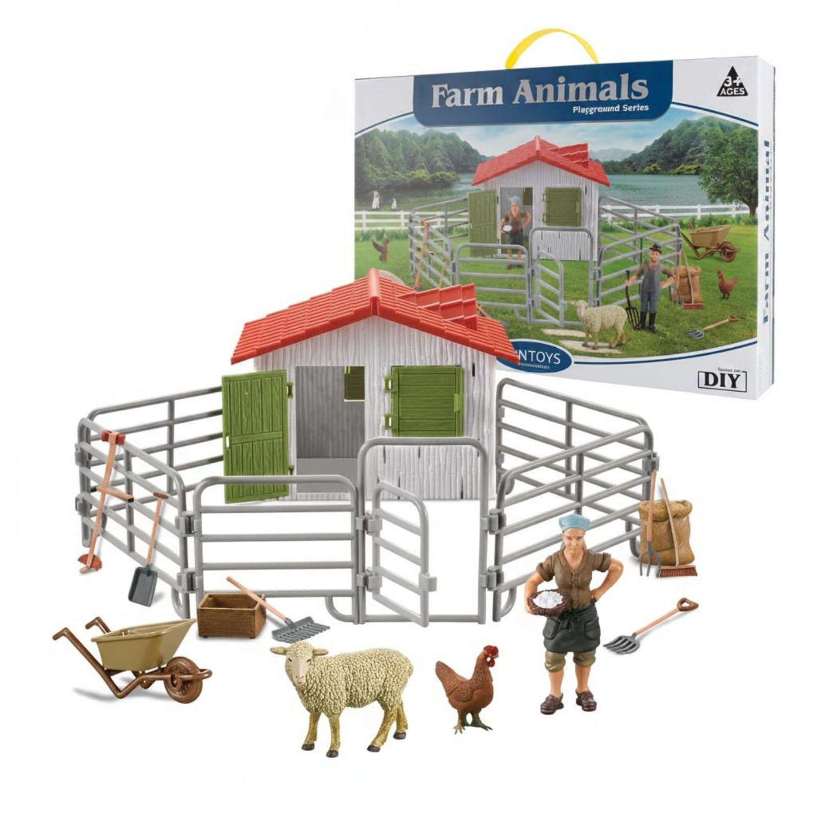 Diorama de Granja Figuras Animales Set Completo Juguete Plástico con Granero Accesorios y Rasgos Realistas Adecuado para Juego Rincón Educativo, Granja Feliz Set B
