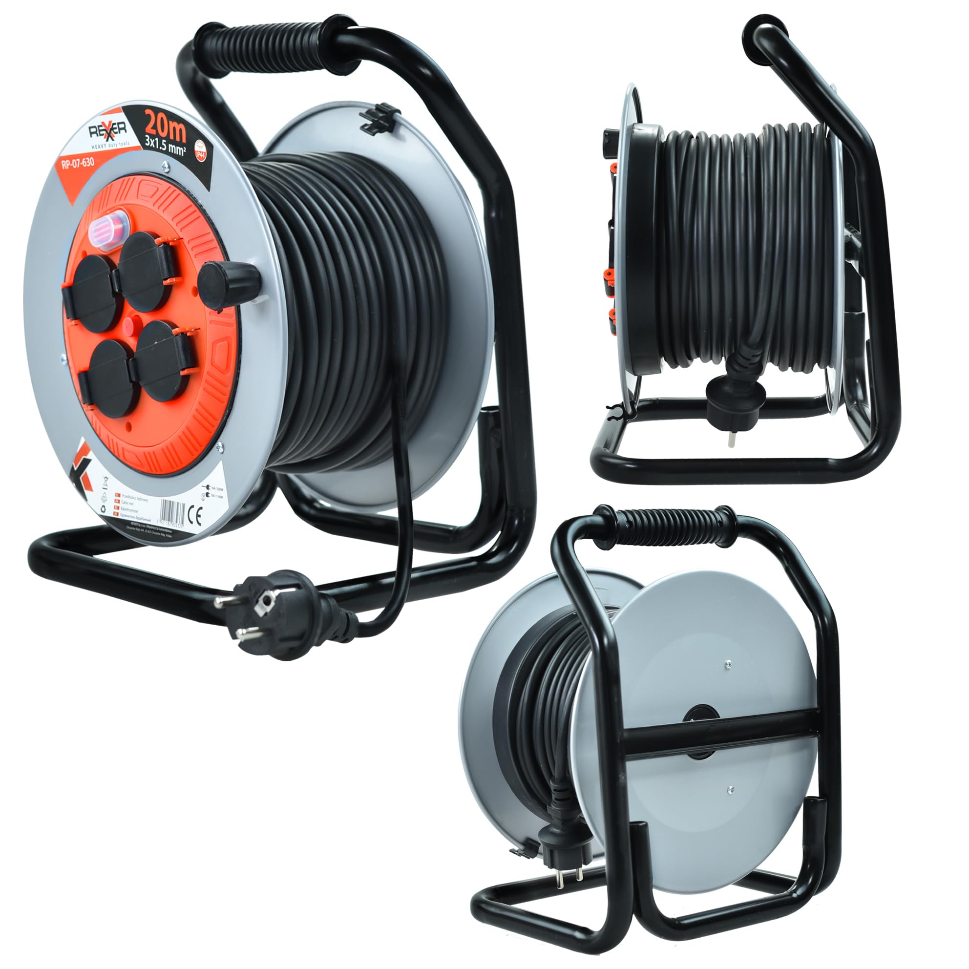 REXXER - Carrete de cable (20 m, metal, IP44, 4 enchufes, tipo E)
