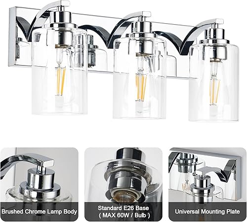 Miniatura 6 de Lámparas de baño de 3 luces, modernas luces cromadas para tocador de baño, accesorios de iluminación sobre espejo con pantalla de vidrio
