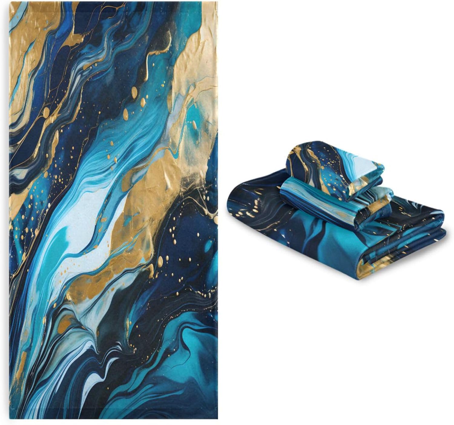 ALAZA Blue Gold Marble Bath Towel Set Luxury Decorative Set of 3, 1 Bath Towel 1 Hand Towel 1 Washcloth Soft Multipurpose for for Bathroom Hotel Gym Yoga Spa
