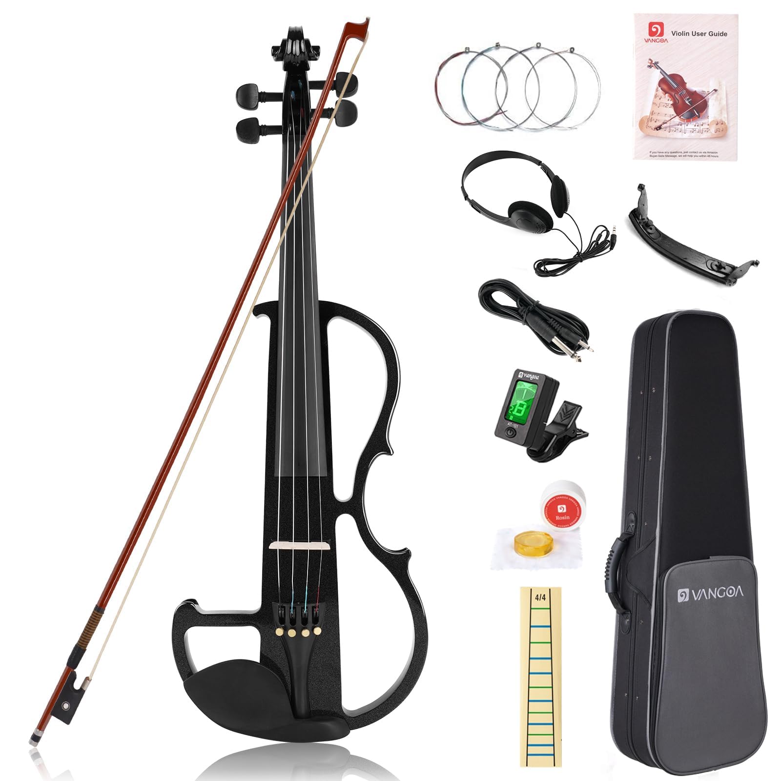 Vangoa 4/4 Elektrische Violine E Geige aus Massivem Holz Electric Stille Violine in Volle Größe mit Kolophonium, Tragetasche, Audiokabel, Schulterstütze, Bogen, Schwarz
