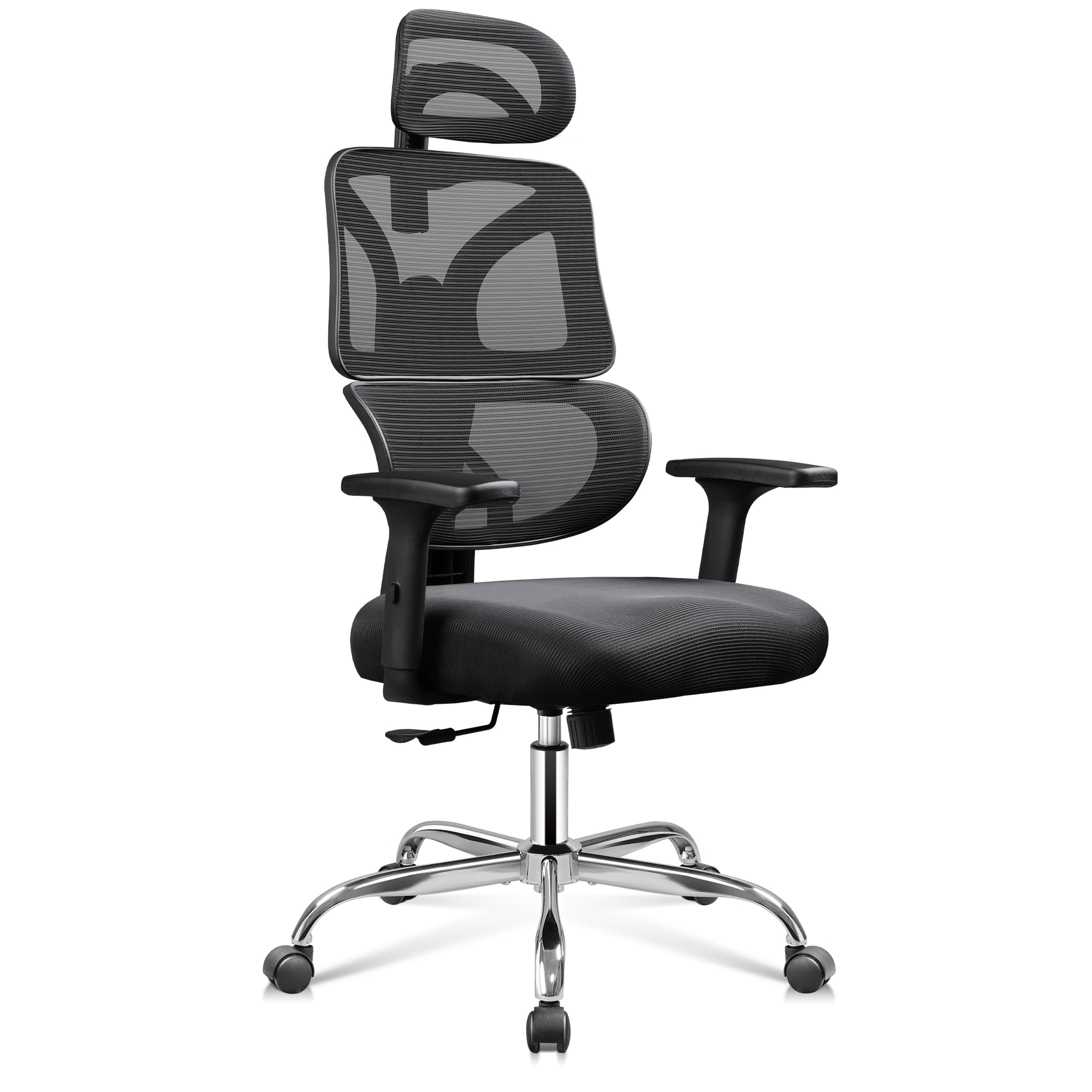 DEVAISE Sedia da Ufficio Ergonomica con Schienale Segmentato, Poggiatesta 3D Regolabile, Schienale Reclinabile a 3 Posizioni, Braccioli 3D, Rete Traspirante, Portata Massima 180kg, Nero