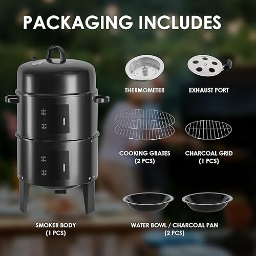 Miniatura 5 de Ahumador vertical de barbacoa de carbón 3 en 1 de 17 pulgadas de 17 pulgadas, parrilla portátil resistente al aire libre con termómetro integrado,