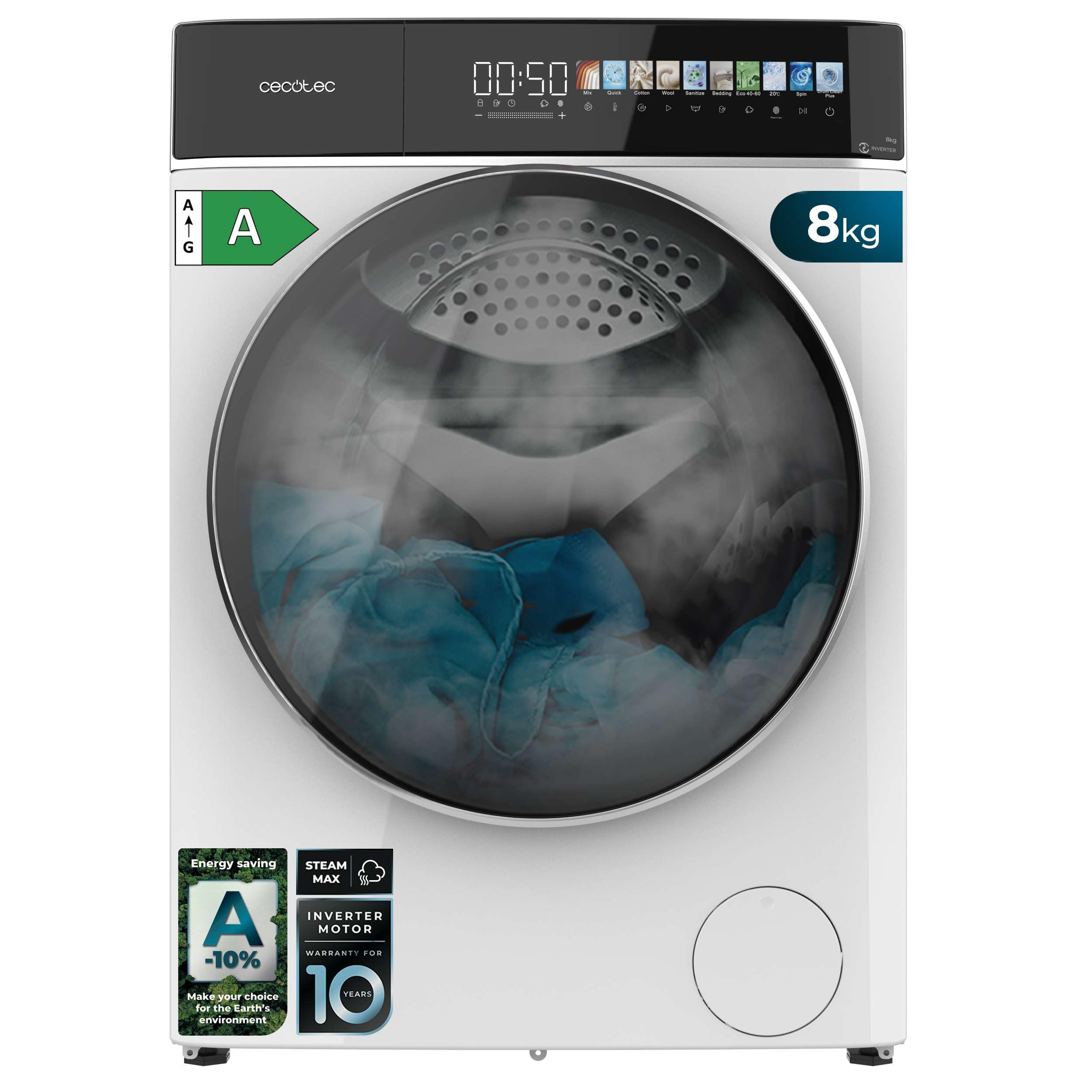 Cecotec Washing machines 8 kg Front Load Bolero Dresscode 8900 Inverter Fullcolor A. 8 kg, 1400 Rpm, 10,3" Fullcolor Display, 16 Programs, Inverter Plus Motor, Steammax, Class A.