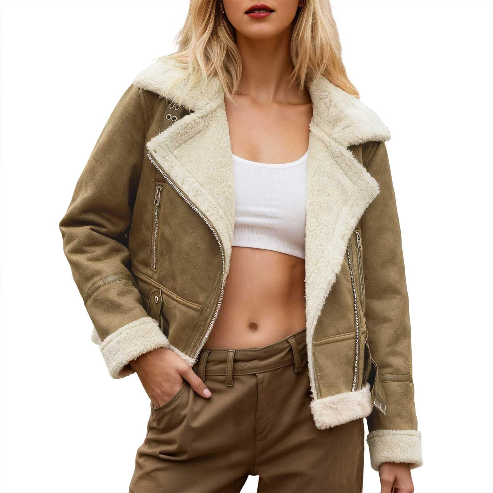 Generisch Chaqueta de invierno para mujer, de ante cálida, chaqueta de piel sintética, forro polar, chaqueta de motorista, chaqueta de entretiempo, chaqueta de entretiempo, chaqueta de mujer, con