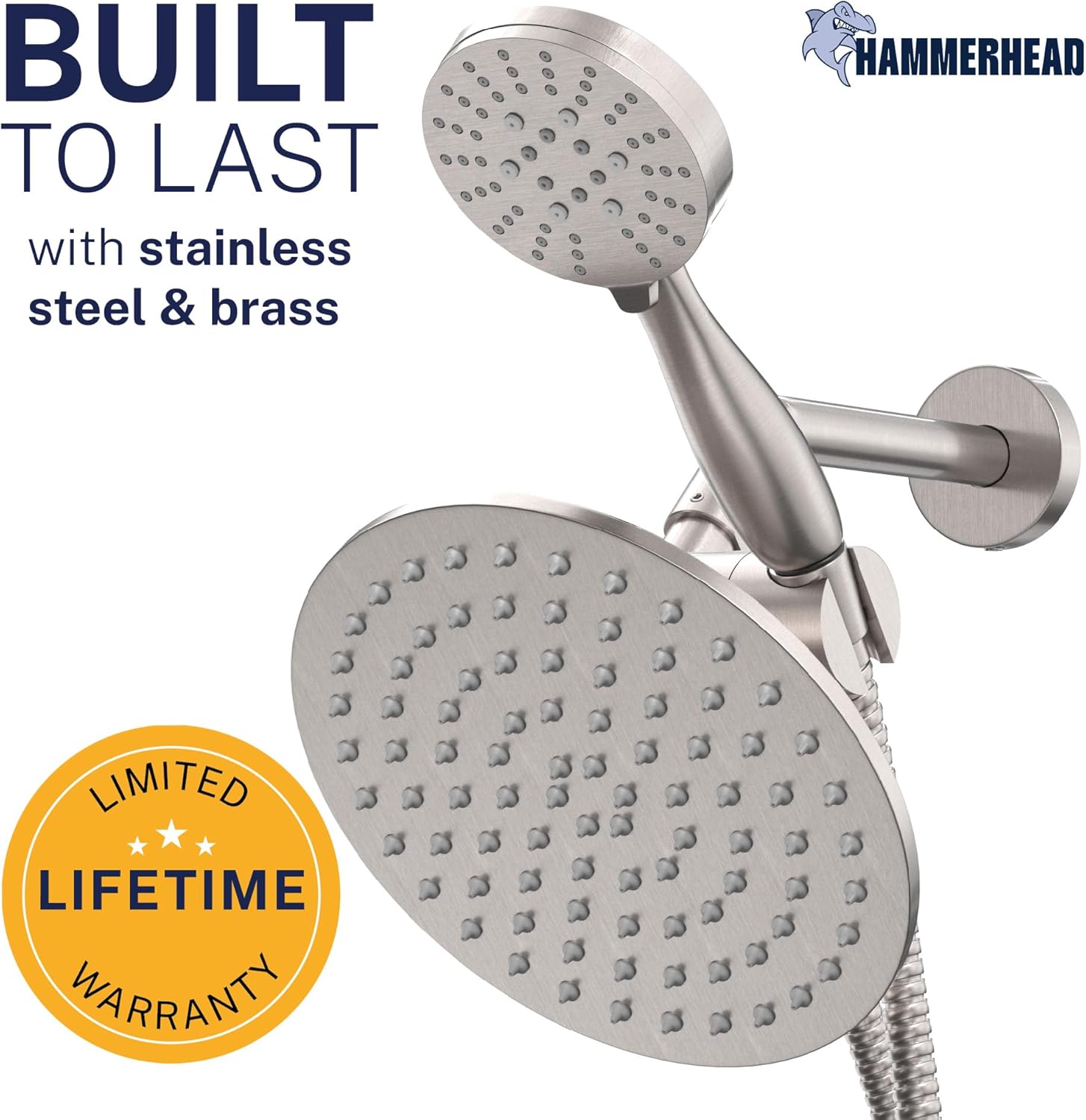 HammerHead Showers Dual Shower Head Combo, 8-Inch Rainfall & 3-Flow Handheld, Brushed Nickel, 1.75 GPM