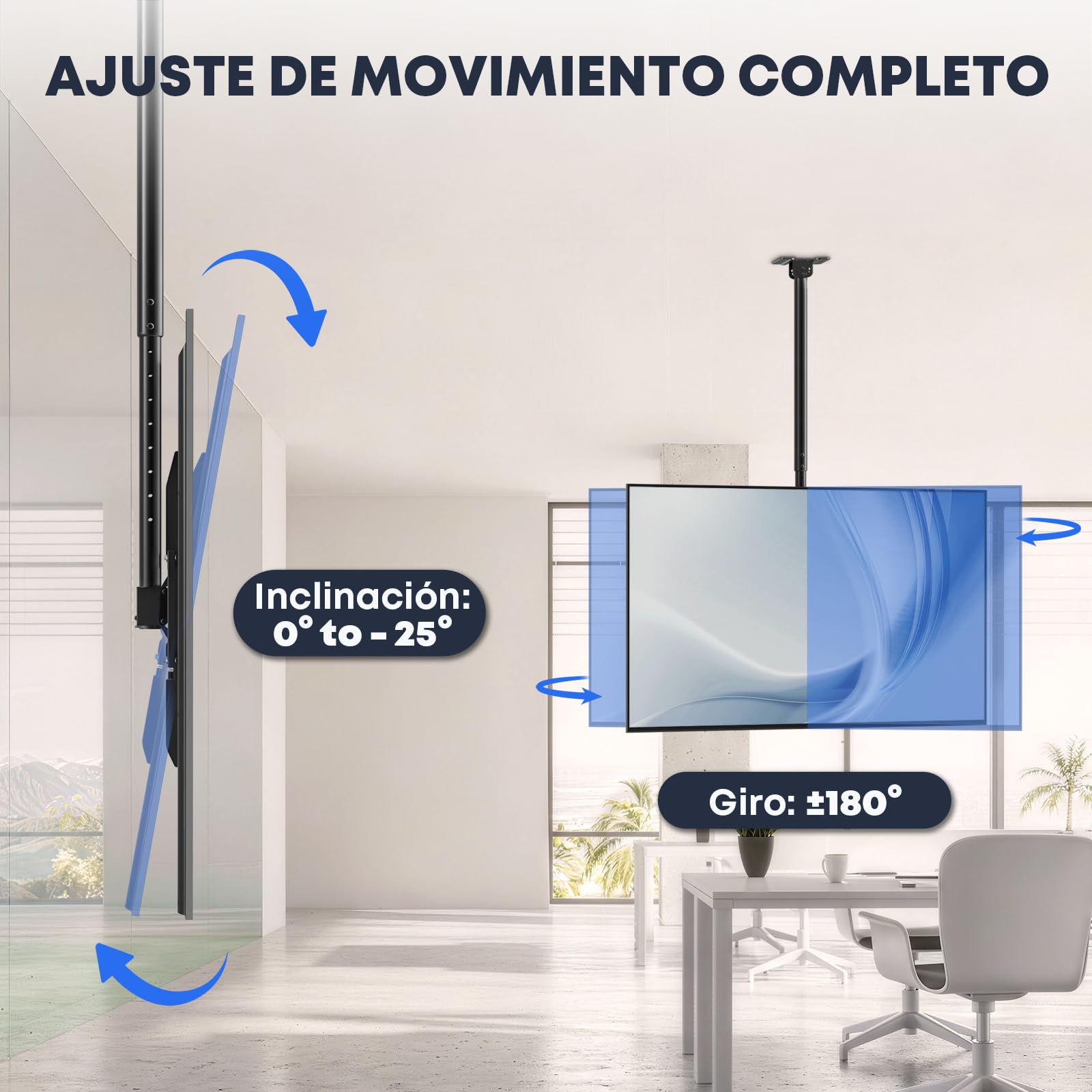 Soporte de techo para TV de 50 a 100 pulgadas, capacidad de carga de 80 kg, altura ajustable de 115 a 170 cm, soporte de TV para techo con giro y inclinación con VESA hasta 800x600 mm para uso
