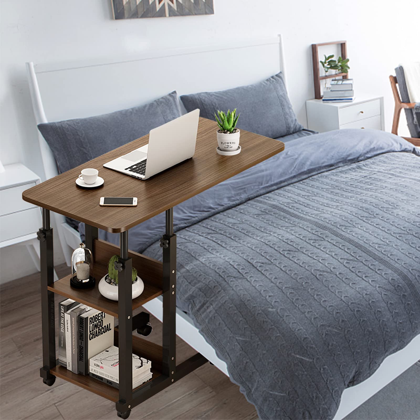 Escritorio de cama, mesa de cama, mesa de sofá, mesa de cama de hospital, escritorio regulable en altura, equipado con dos estantes de almacenamiento, equipado con ruedas, adecuado para el