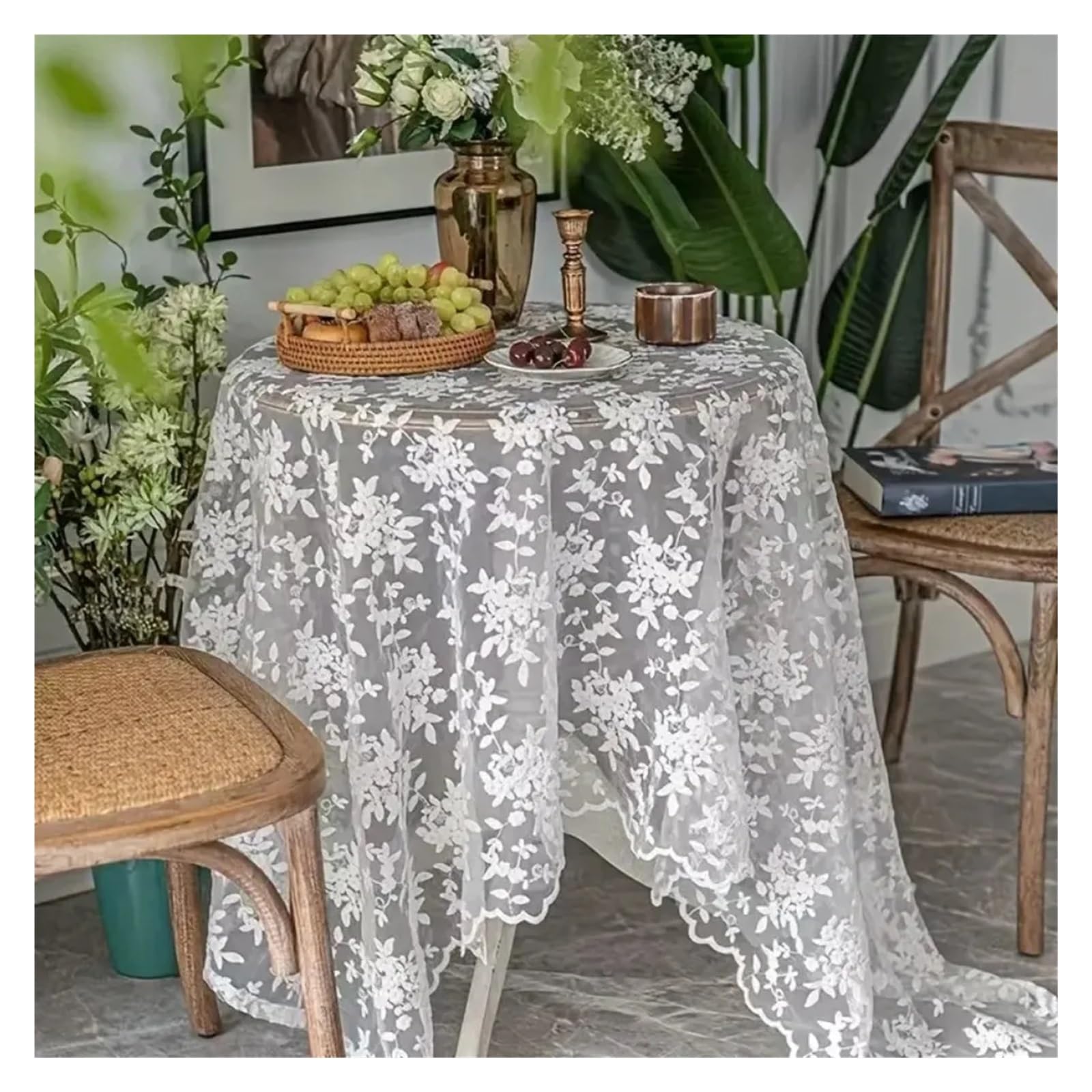 VIOLDHHJK Lace Tablecloth Embroidered Lace Tablecloth Vintage White Table Cover Organza Runner Desktop Background(Color2,53.15x118.11in)
