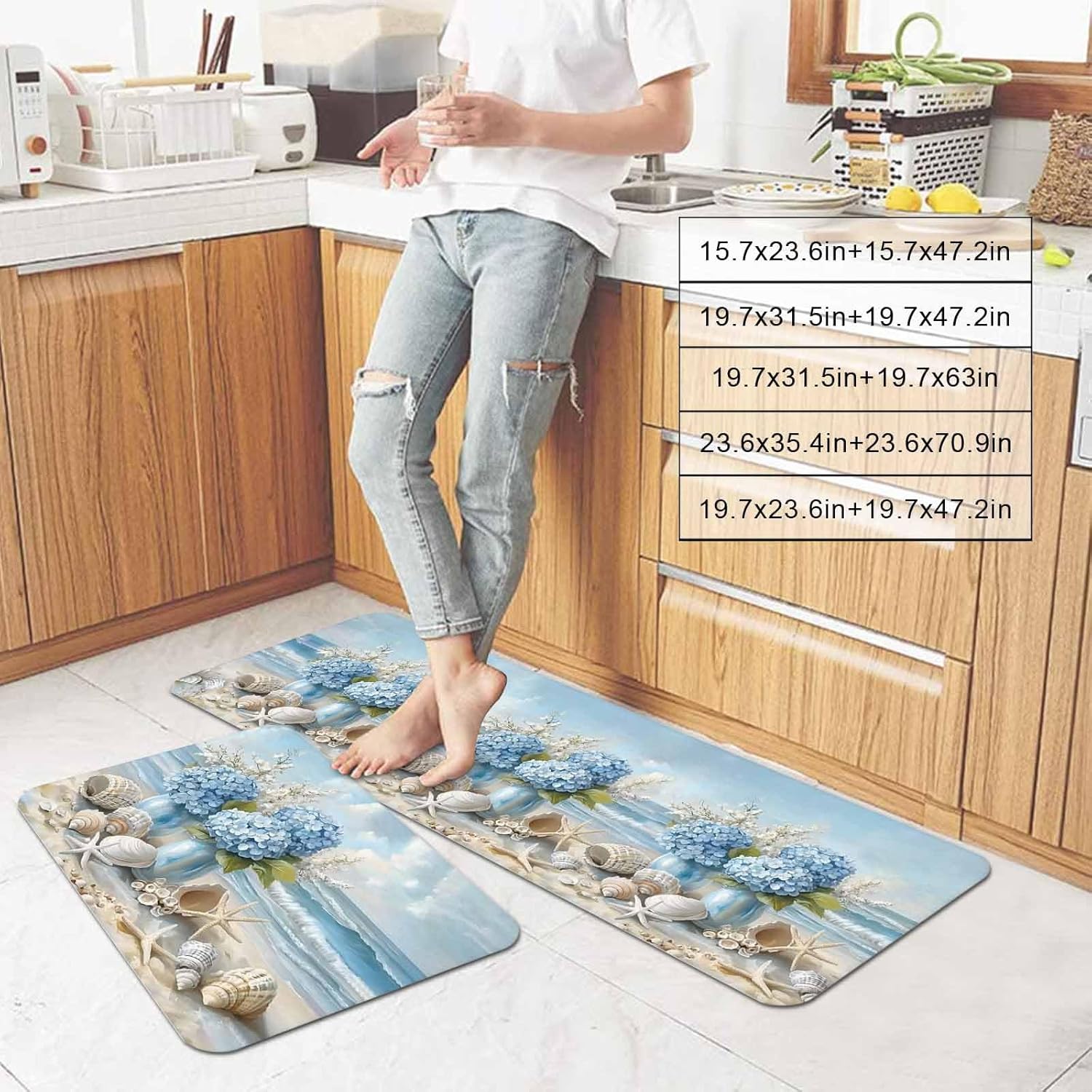 Prime Leader Blue Beach Kitchen Mat Set 2 Pieces Scenery Hydrangeas Floral Starfish Shell Wave Non Slip Kitchen Rugs Washable Runner Rug Mats for Sink Laundry (19.7" x 31.5"+19.7" x 63")