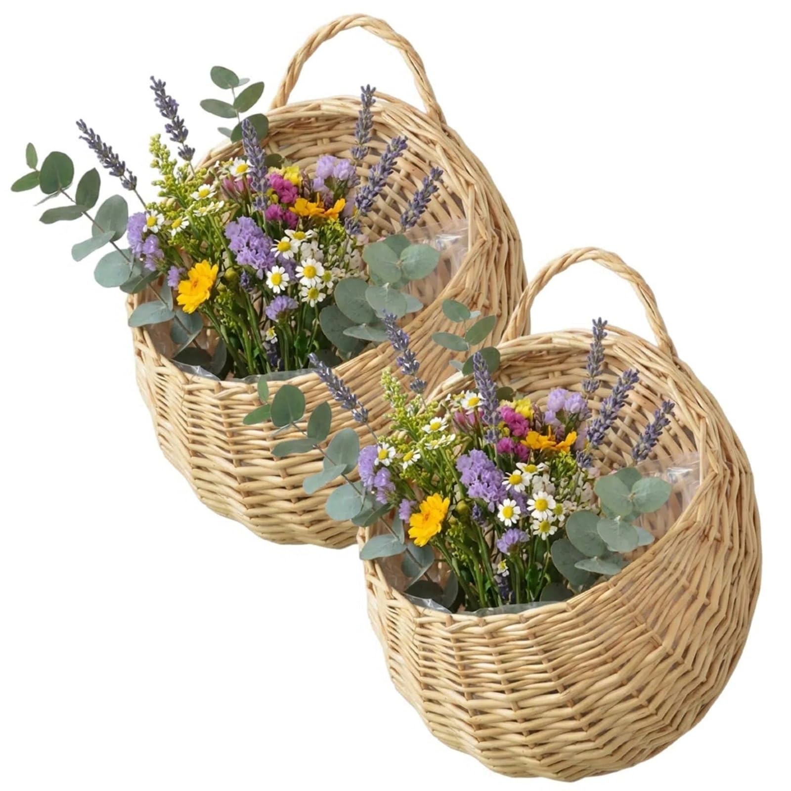Cestino da parete in rattan intrecciato, confezione da 2, con fodera impermeabile, piccoli cesti appesi per interni e stoccaggio, fioriere in vimini per l'organizzazione della casa