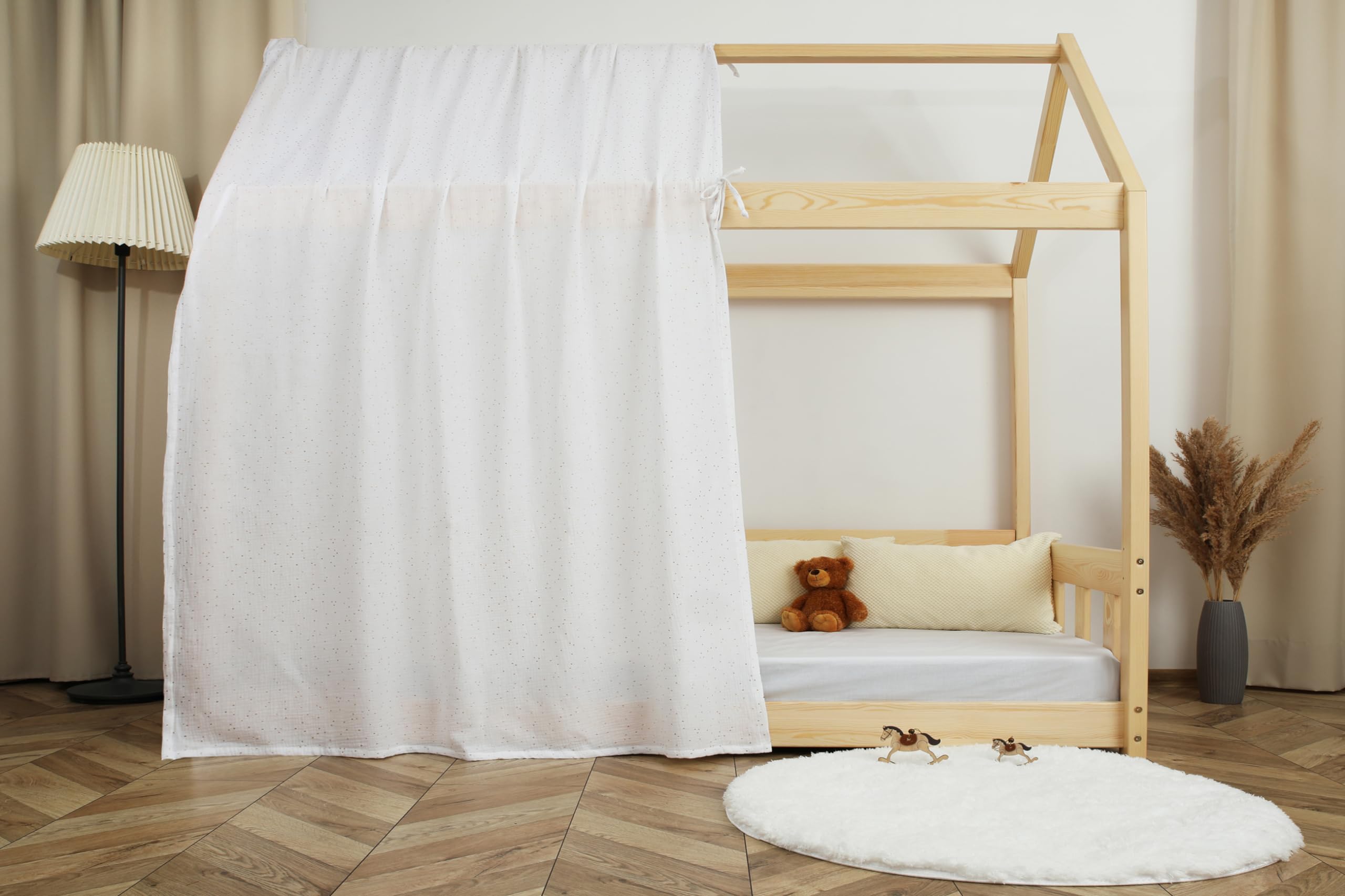 Tenda Letto Bambini 100% Cotone - Tenda per Letto Bambini Montessori 80x160 e 90x200cm - Modelo 1 (Bianco/Oro, 120 x 370 cm)