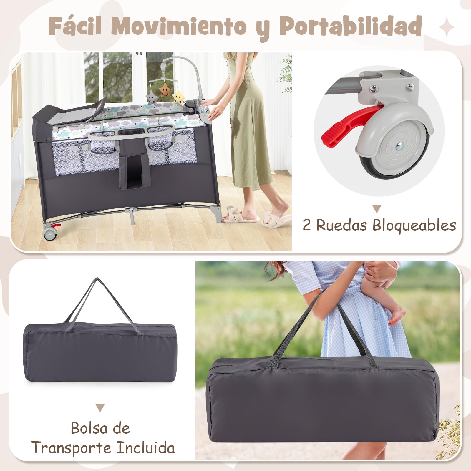 COSTWAY 5 en 1 Cuna Bebé con Ruedas Bloqueables, Cuna de Viaje con Cambiador, Juguetes Colgando, Caja de Música, Colchón y Bolsa de Transporte, Cama Infantil de 2 Niveles (Gris)