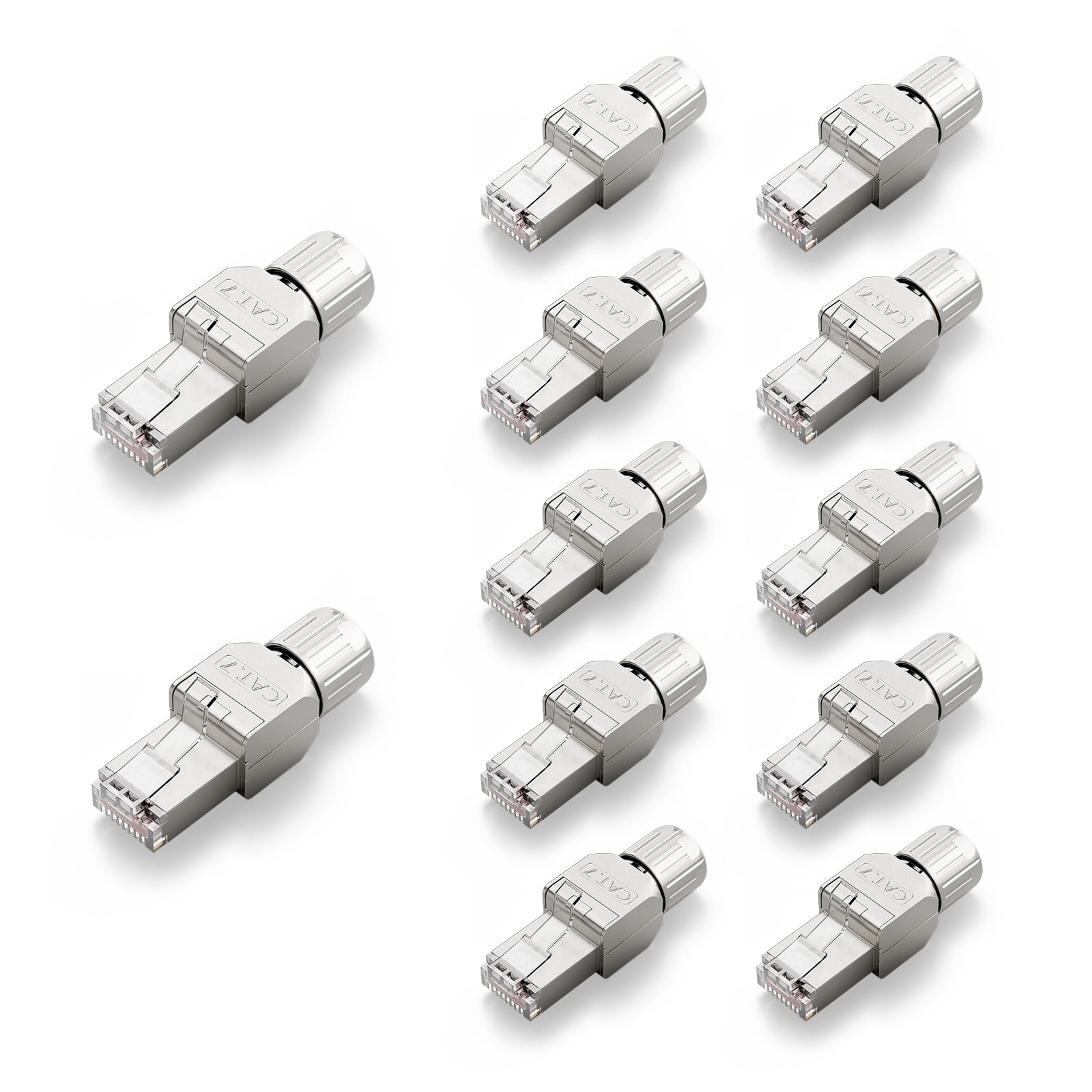 VCELINK Connettori RJ45 Cat7 Cat6A Connettore di Rete Senza Attre, 12 Pezzi | Connettore RJ45 Cat7 Cat6A senza attrezzi schermato, custodia metallo, supporto 10Gbps, compatibile cavi LAN installazione