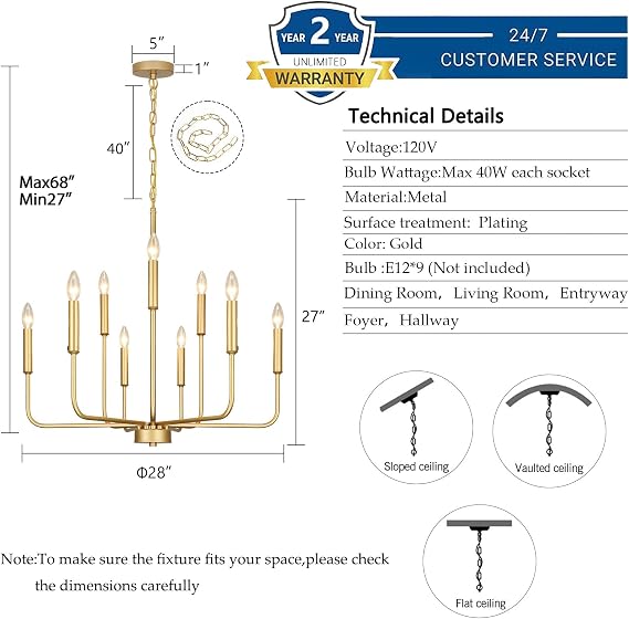 Gold Chandeliers for Dining Room Light Fixture,D28 Inch