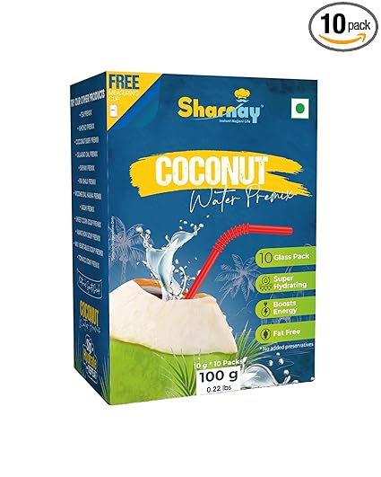 Sharnay Coconut Water Premix Powder Pack of 10 Sachets with Natural Electrolytes for an Instant Energy Fix and easy Digestion, Nariyal Paani for Daily Hydration & Healthy Skin (Fat-Free) (Pack of 1)