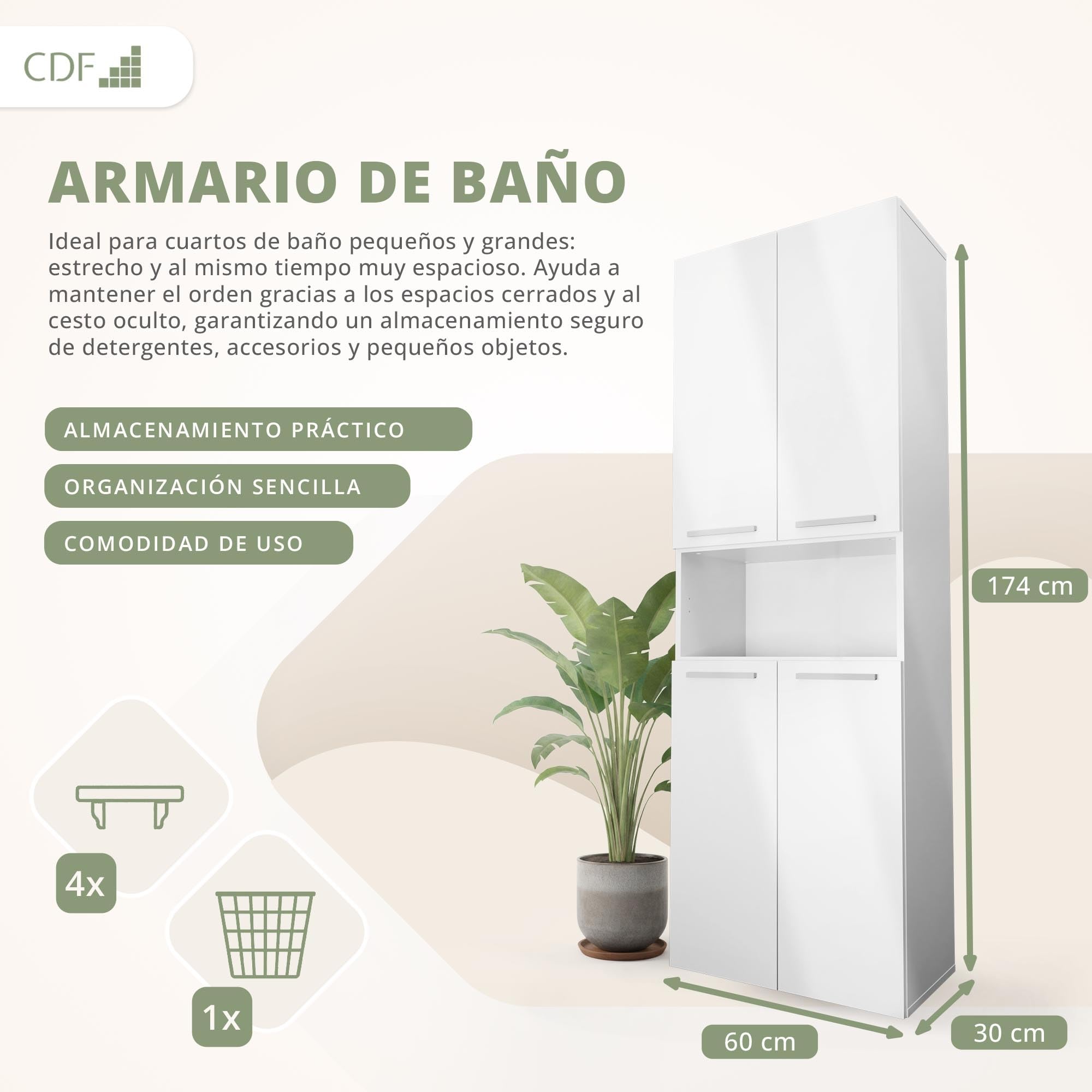 CDF Armario de Baño con 1 Cesto Ropa Sucia, Armario Alto, Bolsa de Ropa Extraíble con Asas Compartimento con Puerta 30 x 60 x 174 cm Bianco Brillo Montaje Sencillo