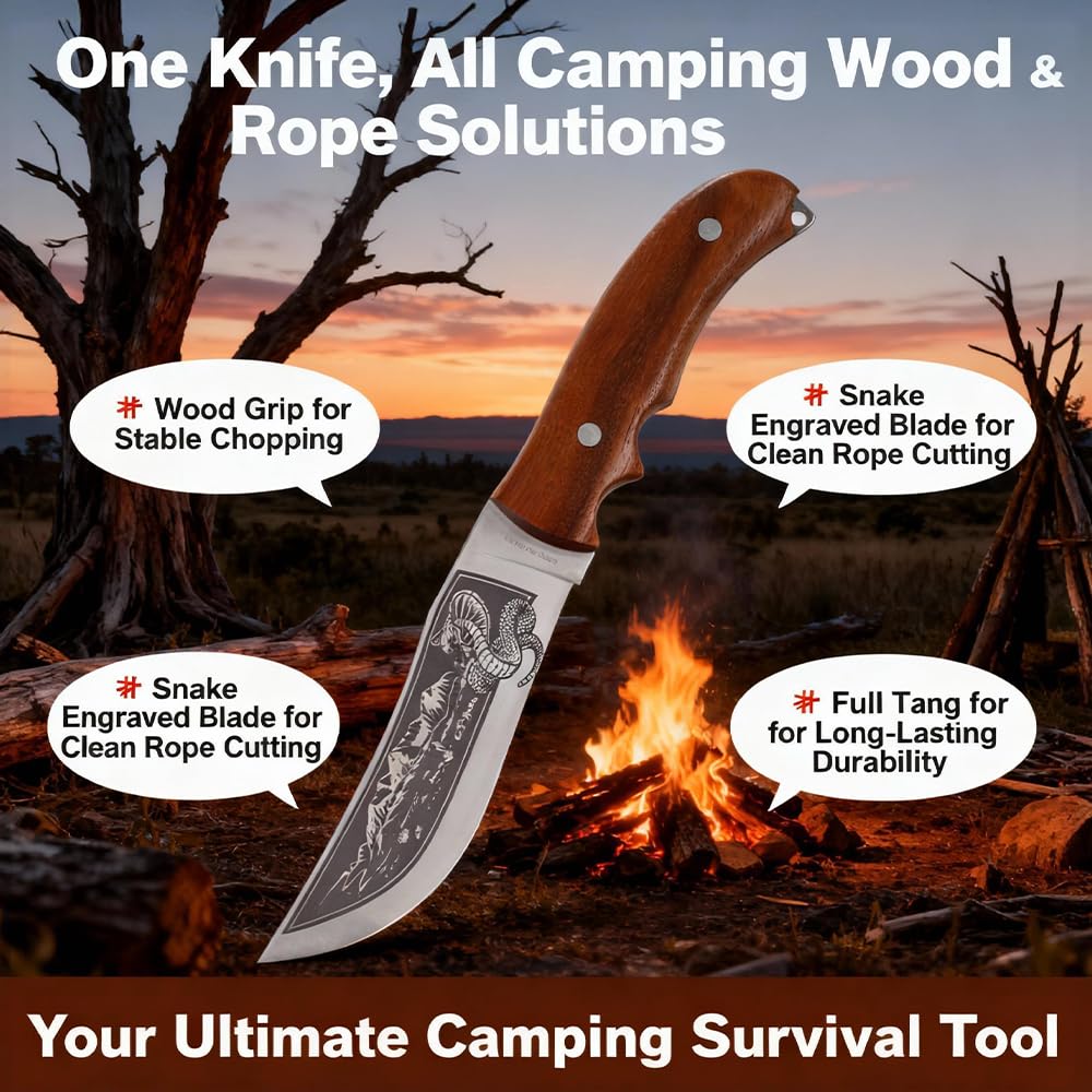 Coltello Outdoor 27cm – Lama Dritta Larga con Incisione Nera Cobra Montagna, Guardia Integrata, Impugnatura Ergonomica Legno di Hêtre Caldo con Fingerkerbe, Compagno Robusto per Attività Outdoor
