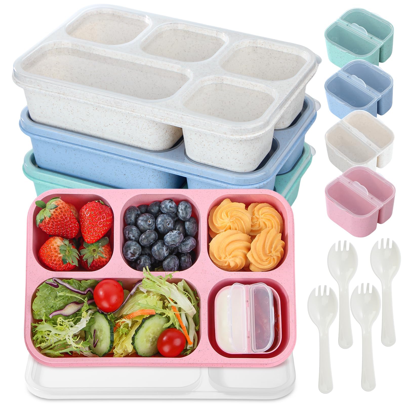 Snack Box Containers for Adults,4 Pack Bento Lunch Box for Adult & Kids, 5 Compartment Adult Lunchable Containers with Utensils, Sauce Jar, 44 Oz/1300ML Large Size (Wheat)