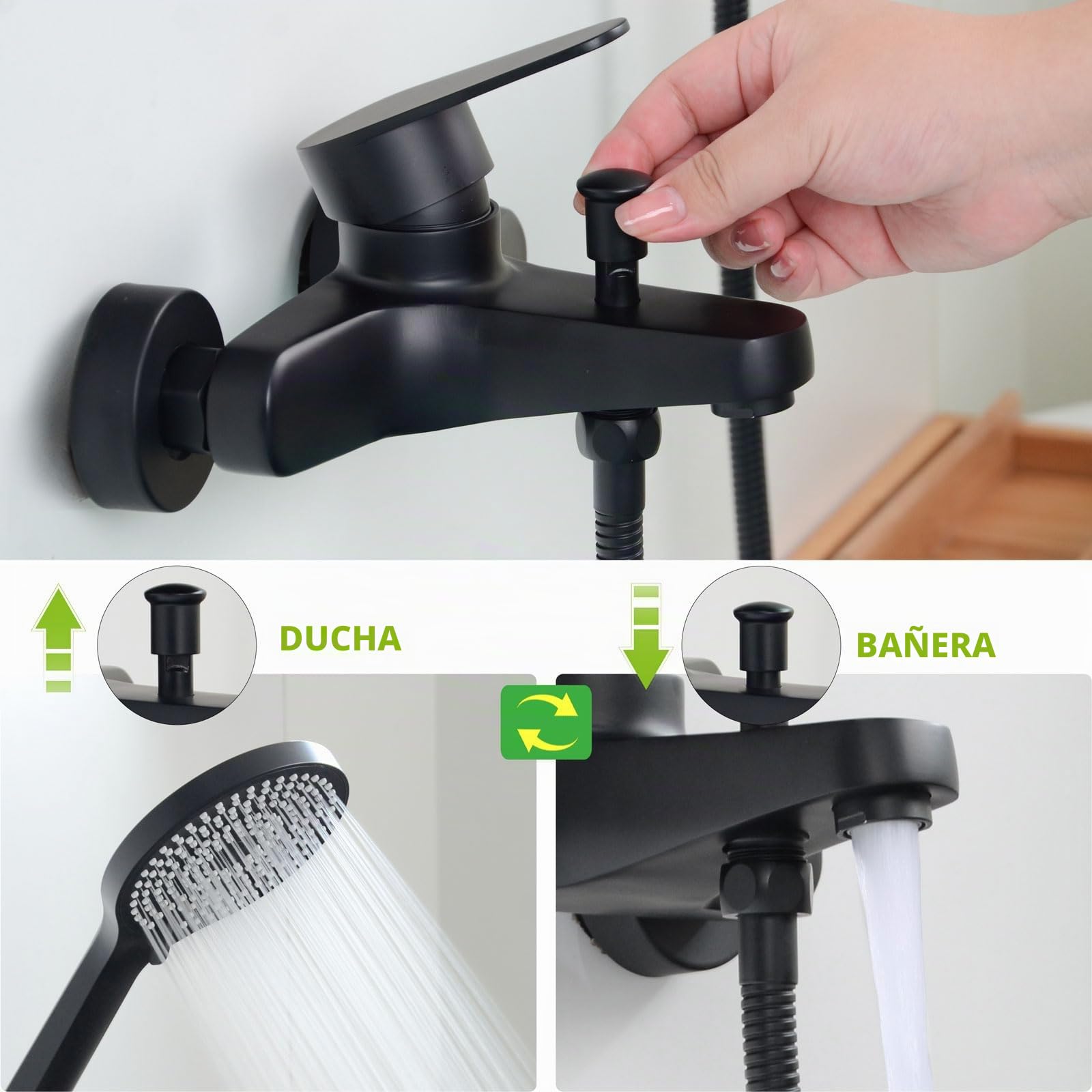 Grifo de Bañera, Grifo de Ducha con Alcachofa, Monomando Mezclador Ducha Montado en La Pared, Negro, N-2Y3OK