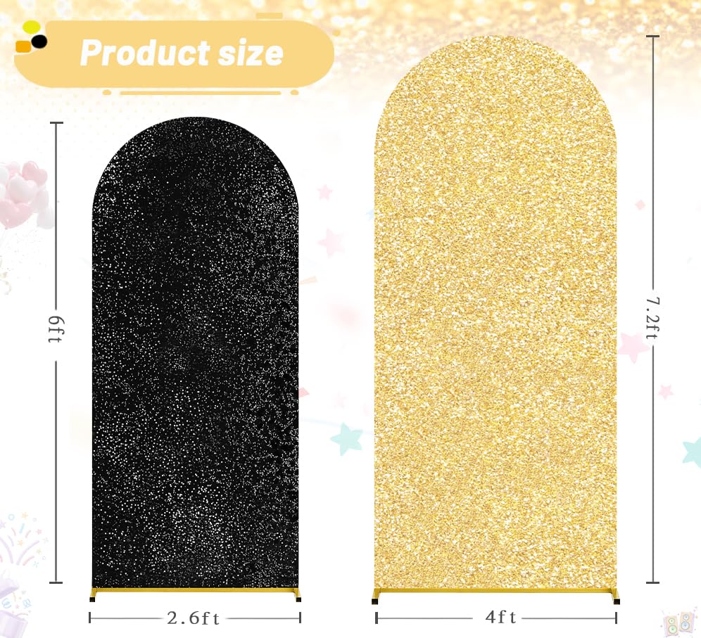 Image of Graduation Arch Backdrop Cover Set of 2 (7.2ft+6ft) Black Gold Sequin Arch Backdrop Balloon Arch Cover Party Decorations for Birthday Party Ceremony Events Decor
