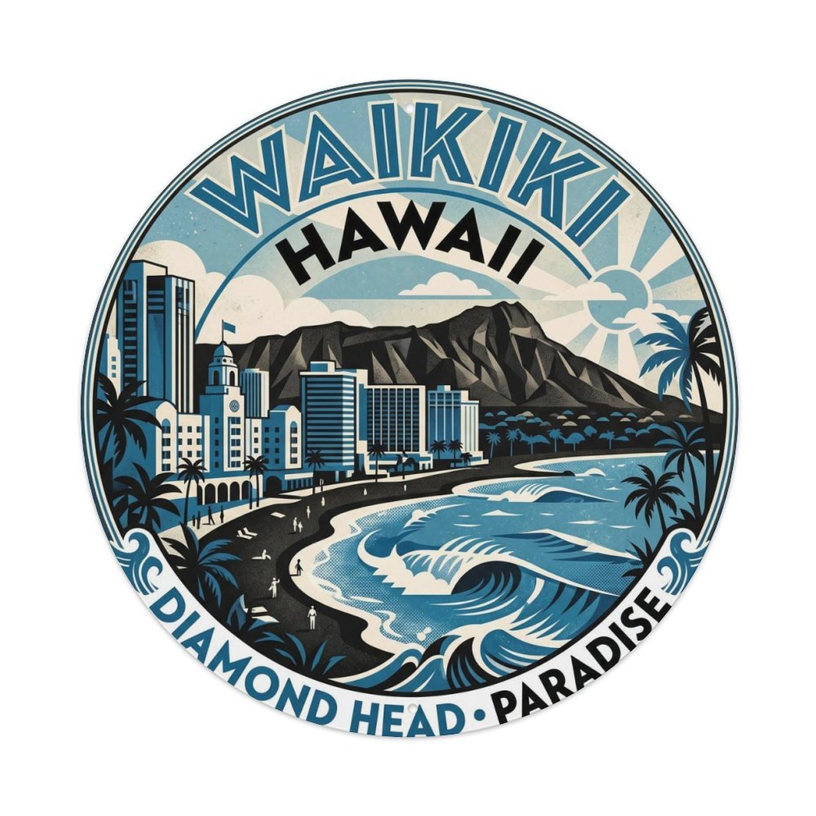 Waikiki Skyline Hawaii North Pacific Beach Destination Metal Tin Sign
