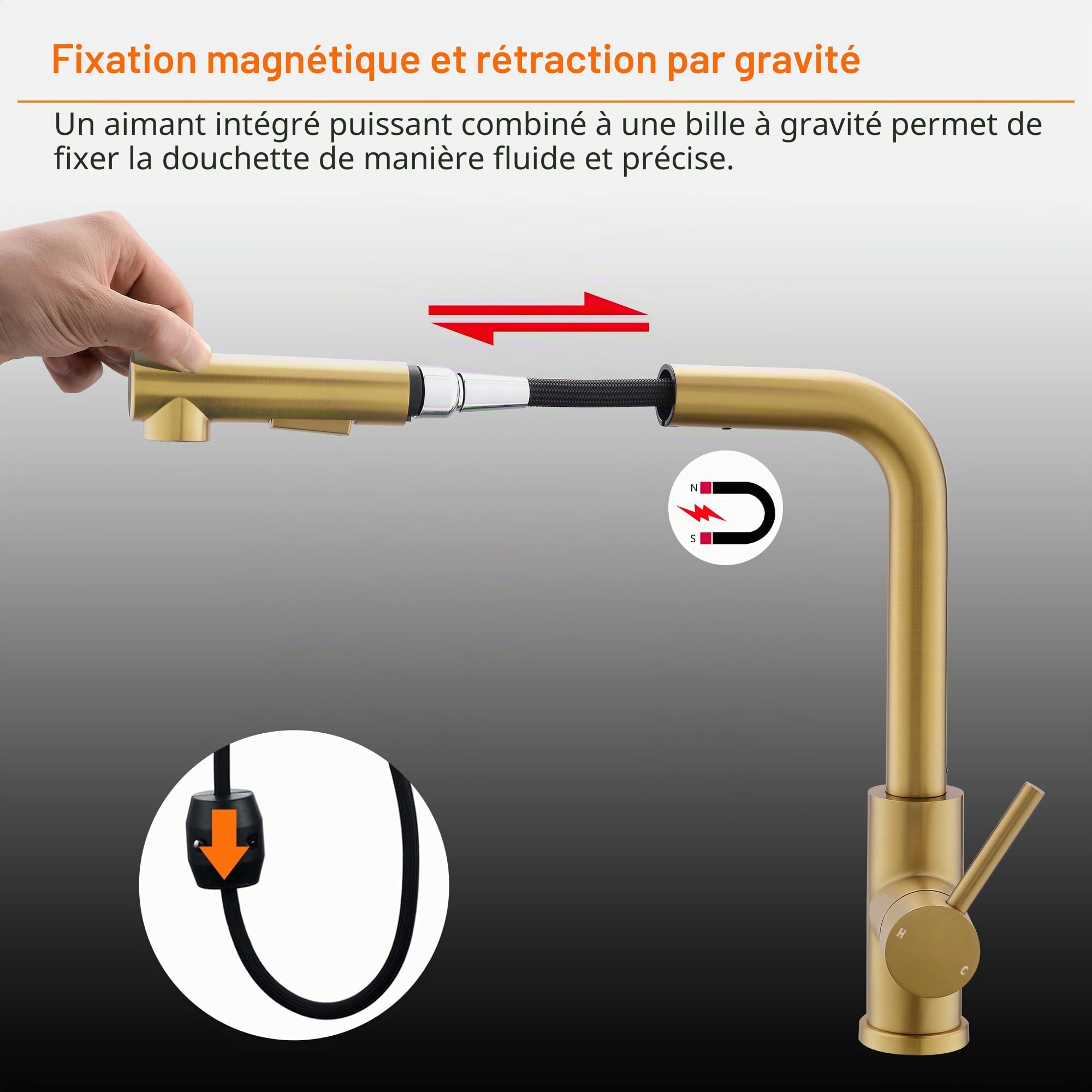 Tohlar robinet de cuisine doré, amatur extensible avec douchette magnétique, deux types de jet, robinet d'évier haute pression, en forme de L, acier inoxydable brossé