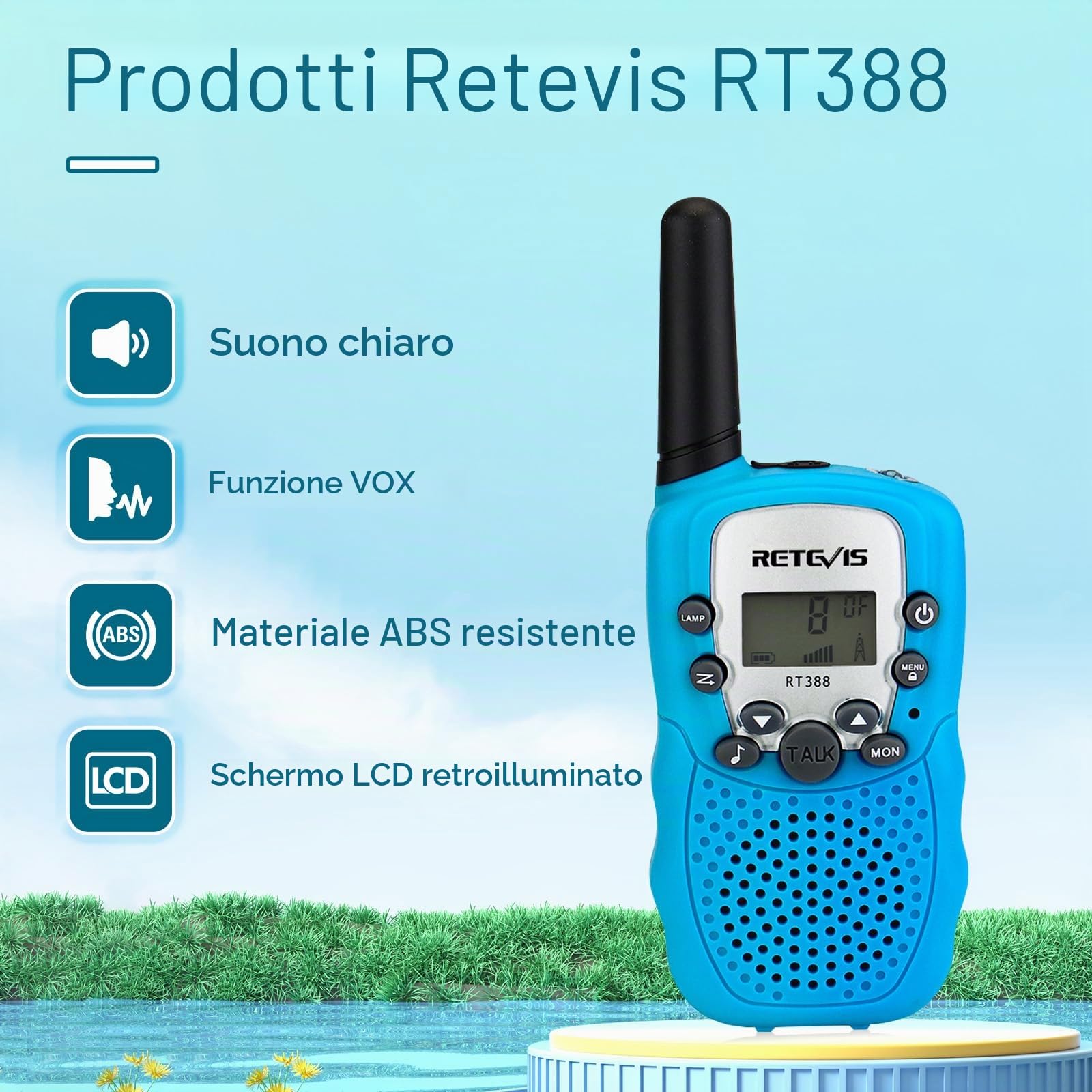 Retevis RT388 Walkie Talkie Bambini PMR446 8 Canali VOX Torcia 10 Toni Chiamata Blu 1 Coppia