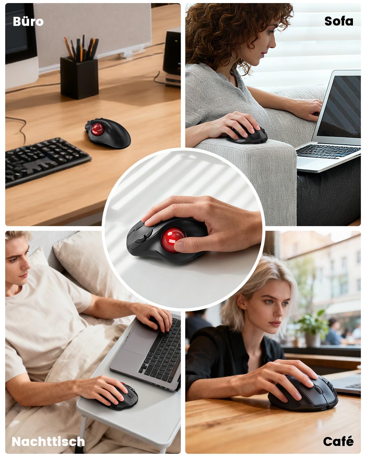 SABLUTE MAM2 Kabellose Trackball Maus, Wiederaufladbare Ergonomische Maus | Präzises und Reibungsloses Tracking, 3-Geräte-Verbindung (Bluetooth oder 2,4G USB-Empfänger), 5 DPI-Stufen für Mac, Windows
